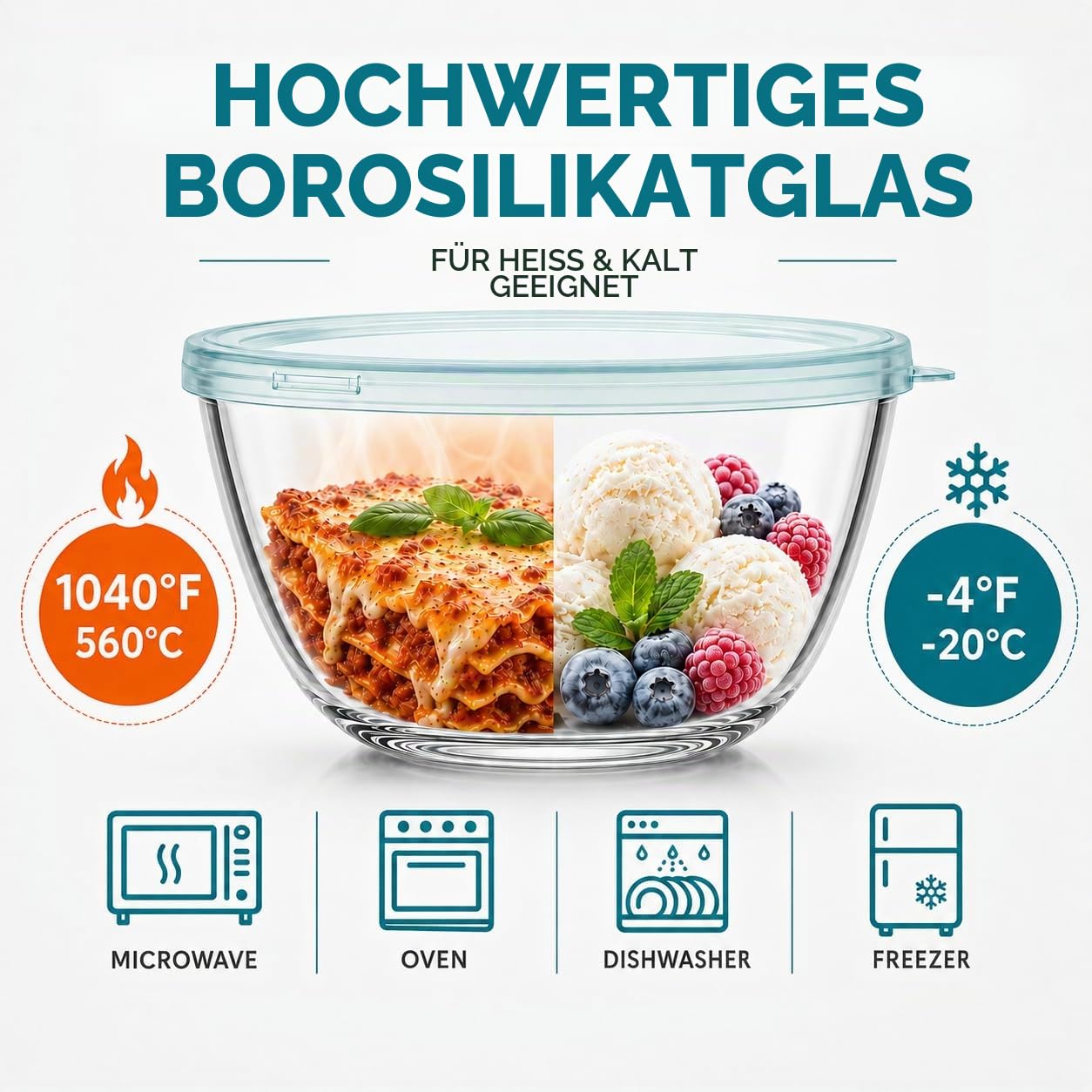 Luvan Glasschüssel mit Deckel 3er-Set (4.2 L,2.5 L,1 L), Große Rund Salatschüsseln für die Küche, ideal zum Aufbewahren von Lebensmitteln, Kochen, Backen, Vorbereiten, Spülmaschinenfest