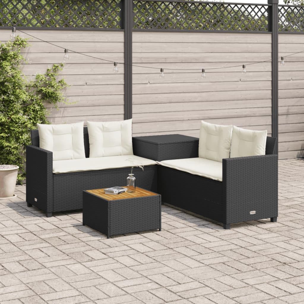 vidaXL Divano da Giardino con Tavolo e Cuscini a L Nero in Polyrattan