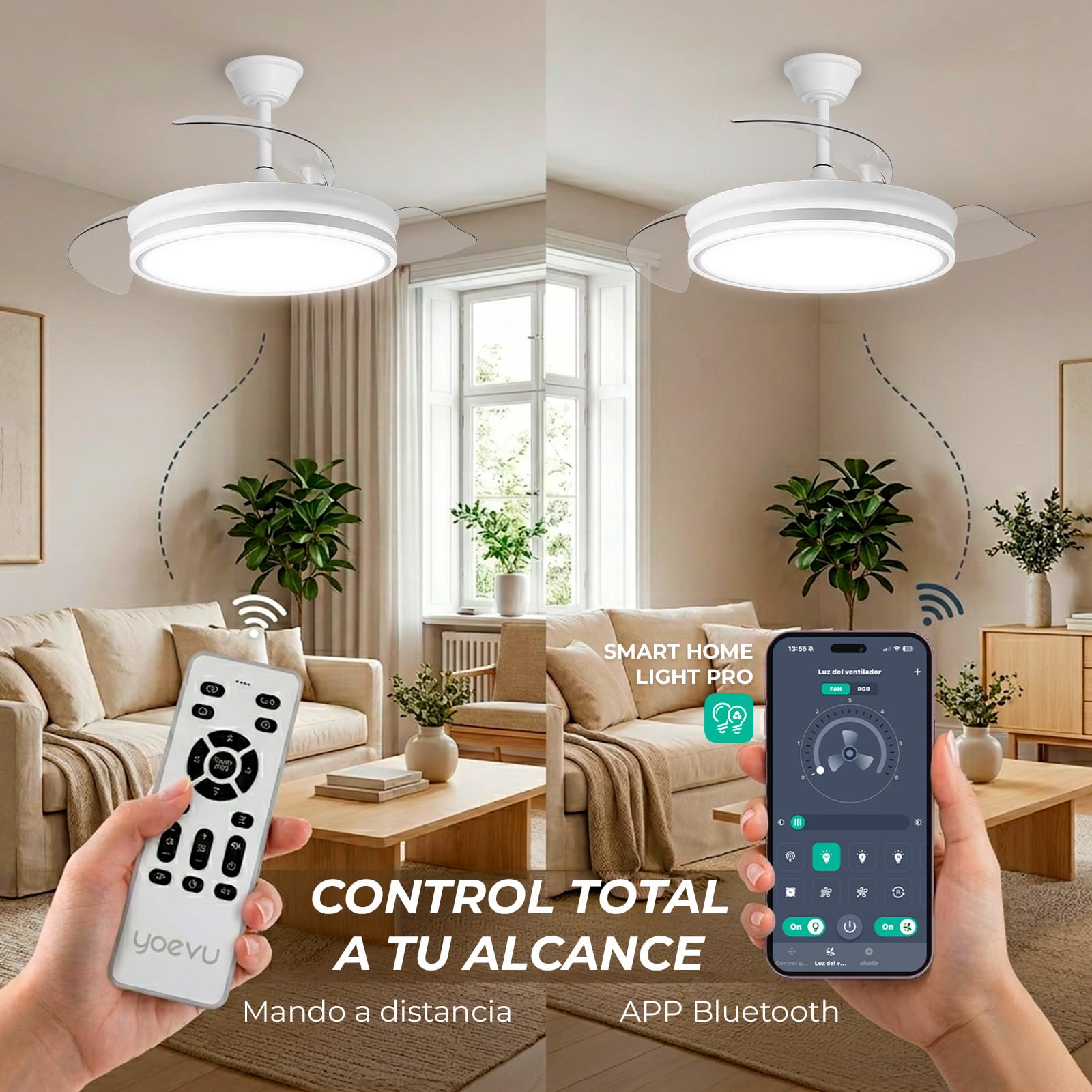 YOEVU EOS ONE Ventilador de Techo 72W con Luz LED Regulable, Aspas Retráctiles, Mando a Distancia + APP Bluetooth, Silencioso, Iluminación Ajustable, Bajo Consumo