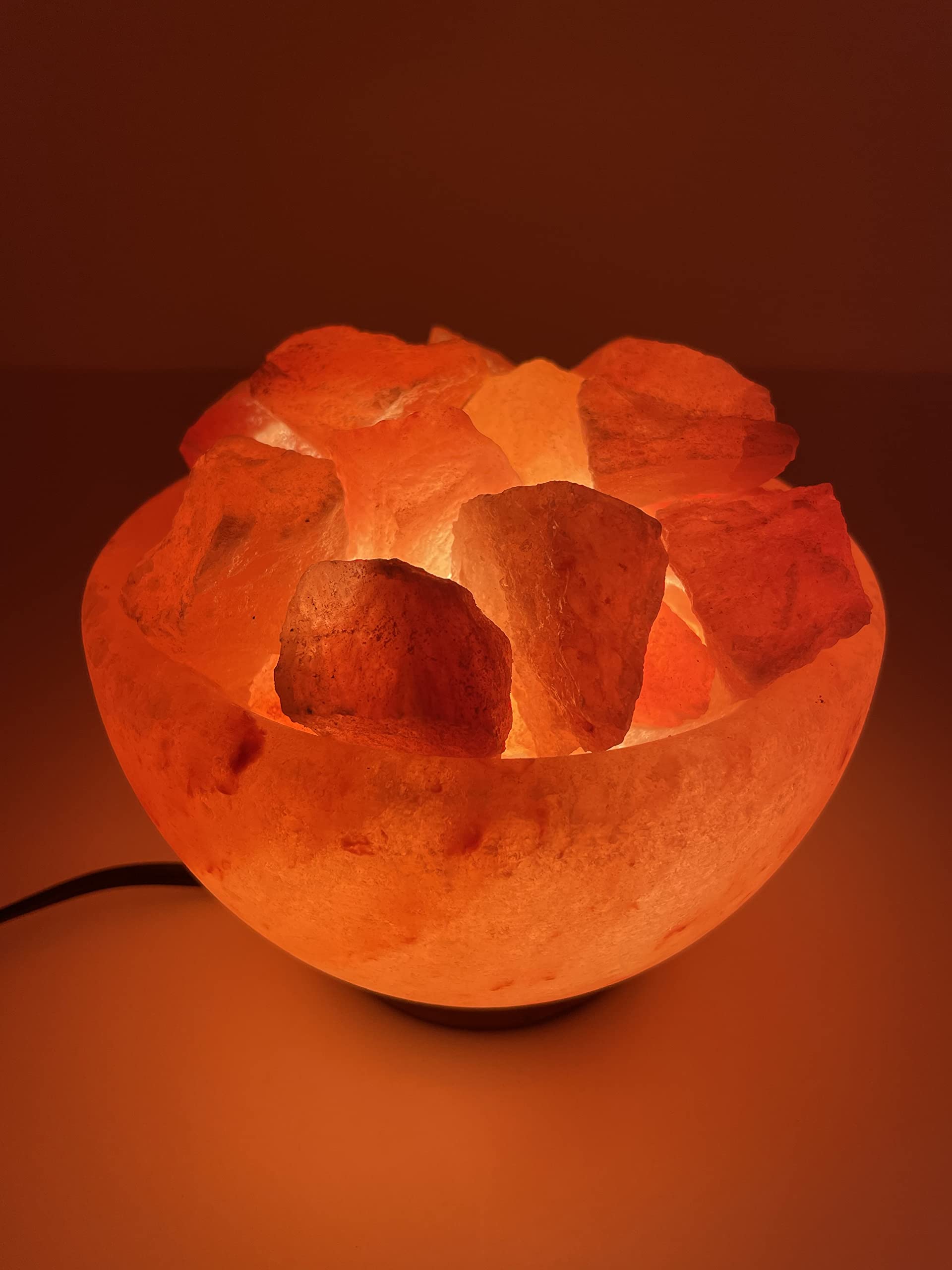 Himalayan Salt Bowl Lamp with Salt Chunks, Dimmer, ETL Certified, Home/Office Decor, Subtle Amber Lighting, Mood Lighting (Round Bowl with Natural Chunks)