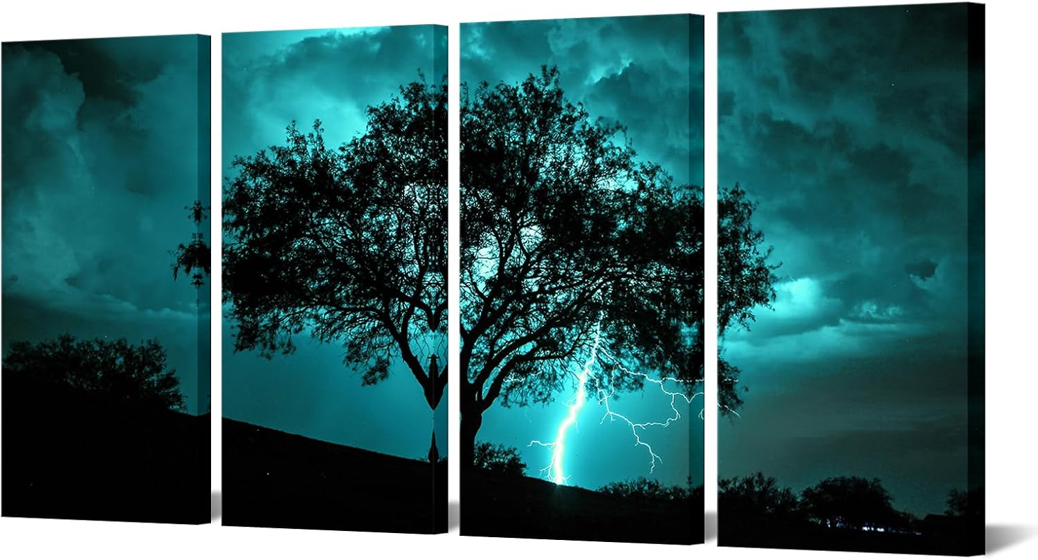 NutArtPic Tree Canvas Wall Art Teal Big Tree with Lightning Strikes Picture Artwork Natural Landscape Artwork Painting for Home Decor 12''x24''x4pcs (Teal)