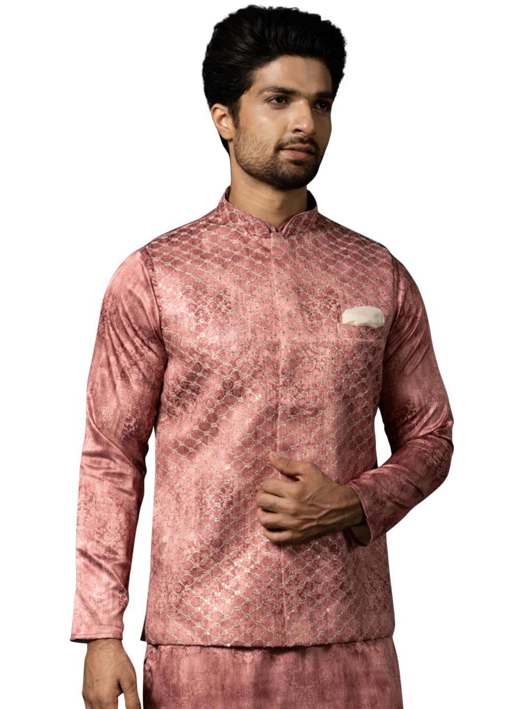 kisah Mens Nehru Jacket, Satin Embroidered Pink Waistcoat for Men-picture-36