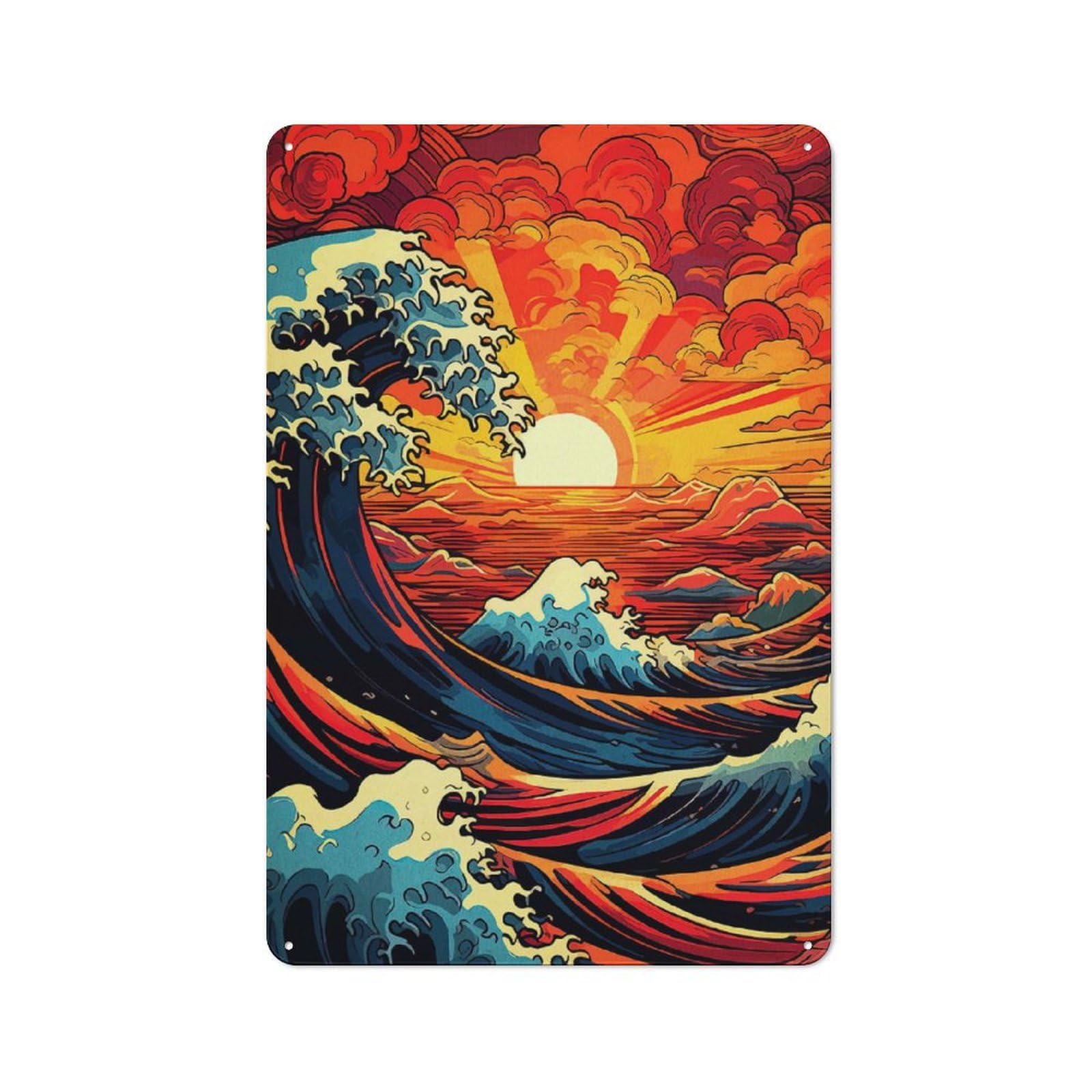 Junmoney Stylized Ocean Waves At Sunset Tin Sign 30X20cm With For Workshop Wall, Retro Decor, For Metal Sign Collectors, For Cafés, Pubs And Restaurants