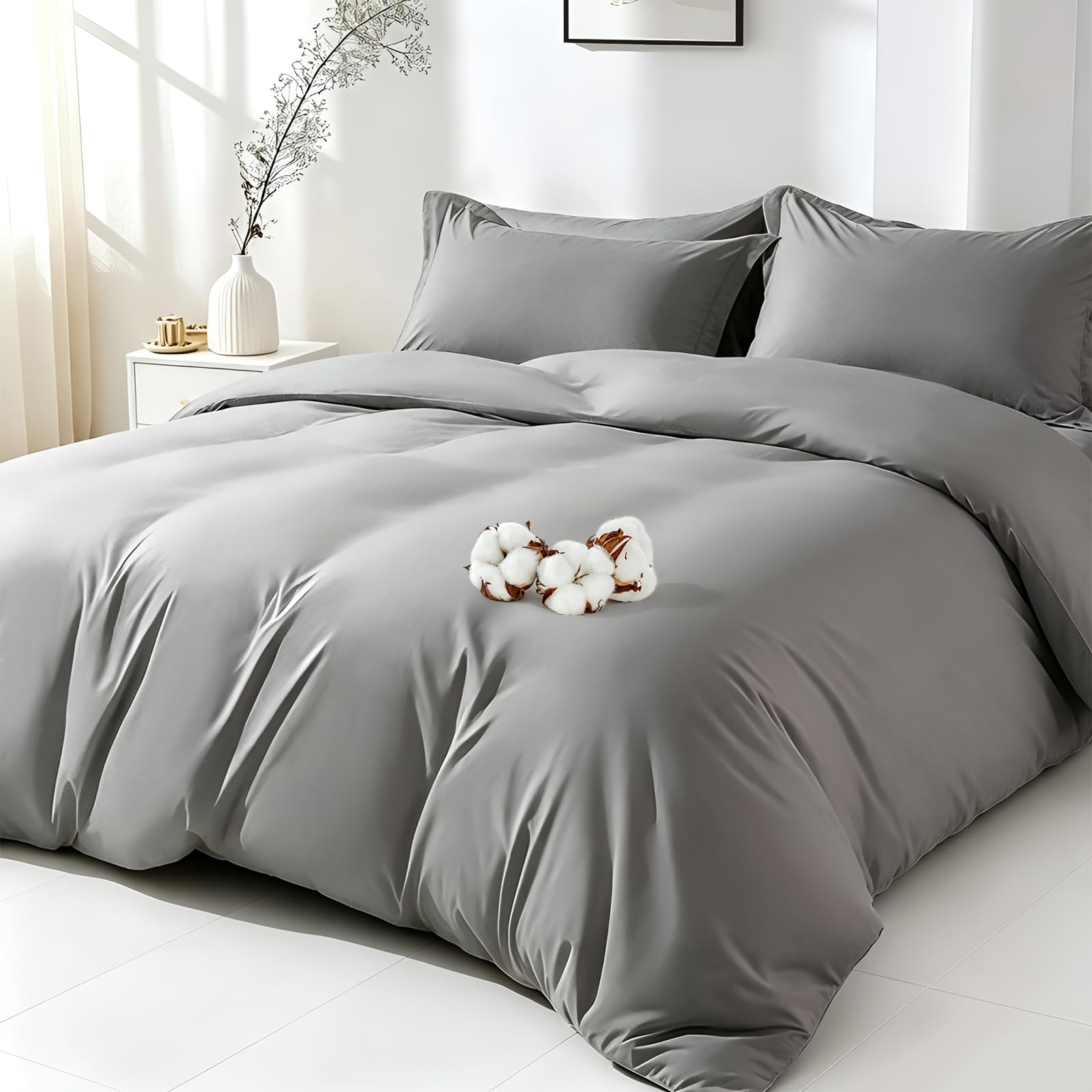 Bettbezug 200x200cm aus 100% Baumwolle (200 TC) – Grau, ohne Kissenbezug, mit Reißverschluss & Eckbändern, Oeko-Tex Zertifiziert, allergikerfreundlich, pflegeleicht