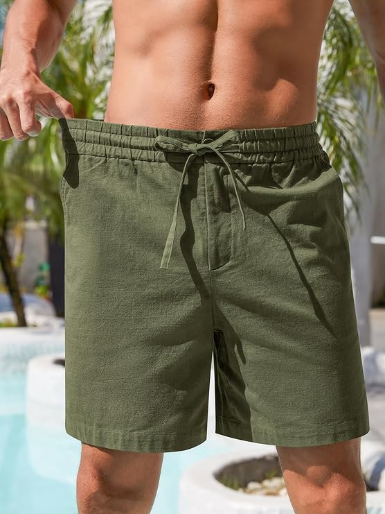 RQP Mens Cotton Linen Shorts Casual Drawstring 7inch Inseam Shorts Stretch Summer Beach Wear