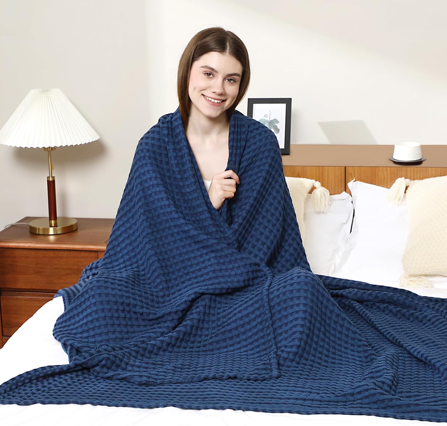 Aganear Waffle Blanket - Lightweight Breathable Summer Blanket of 50% Cotton and 50% Rayon Derived from Bamboo for Hot Sleepers Luxury Throws for Bed, Couch and Sofa,Navy,90x90 Inches - Image 7