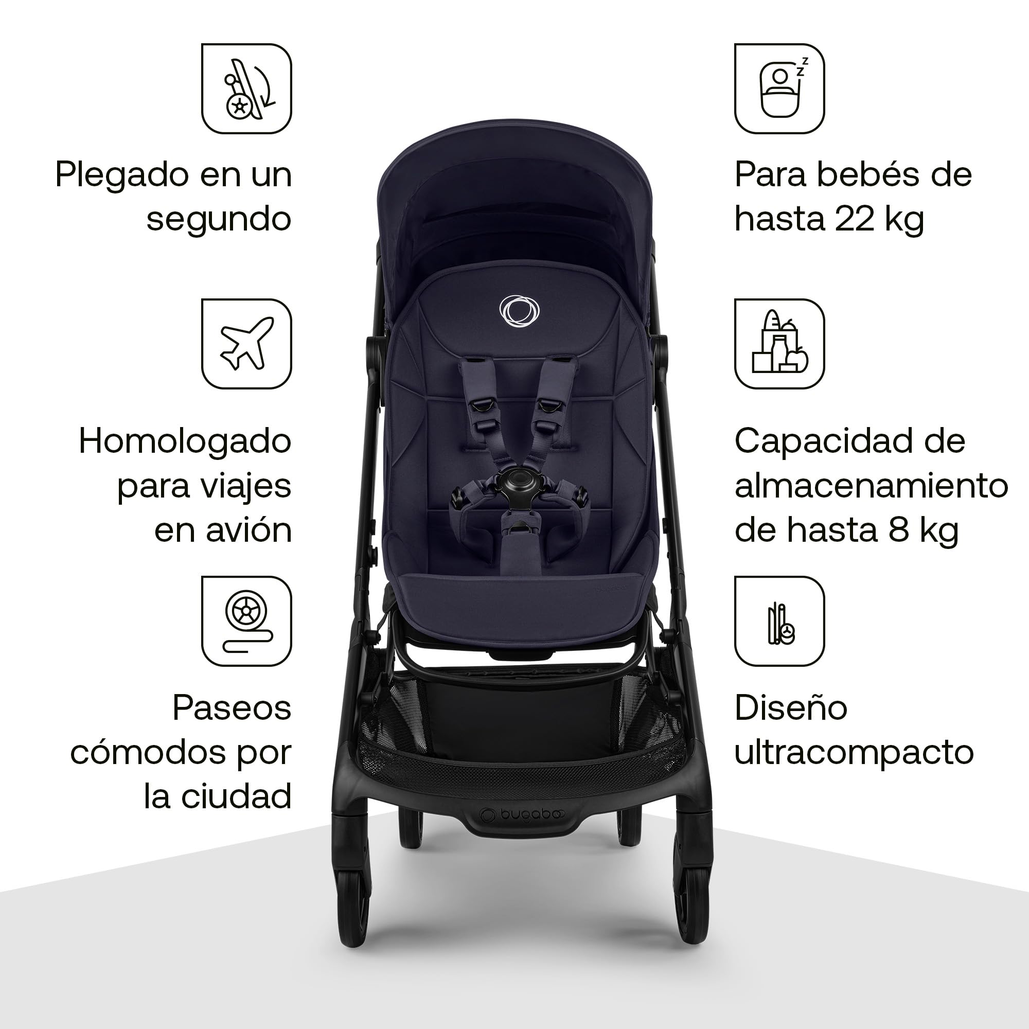 Bugaboo Butterfly 2 Silla de Paseo de Viaje – Pack con Barra de Seguridad y Cubierta para Lluvia – Ligera, Plegable a Una Mano y Asiento Reclinable, de 6 meses a 4 Años – Deep Indigo
