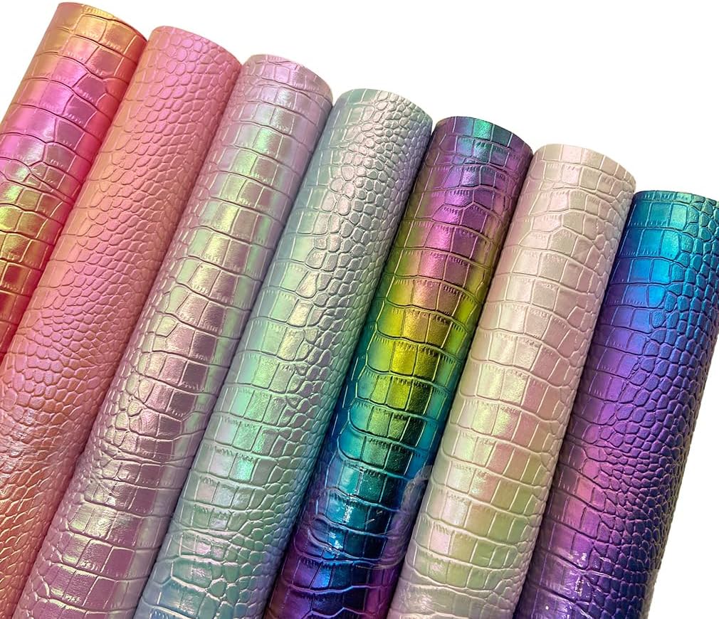 8 x 12 inches Holographic Iridescence Crocodile Faux Leather Sheets, 7pcs A4 Shiny Alligator Textured Synthetic Leather Fabric for Crafts Making Leather Earrings, Bows,Sewing