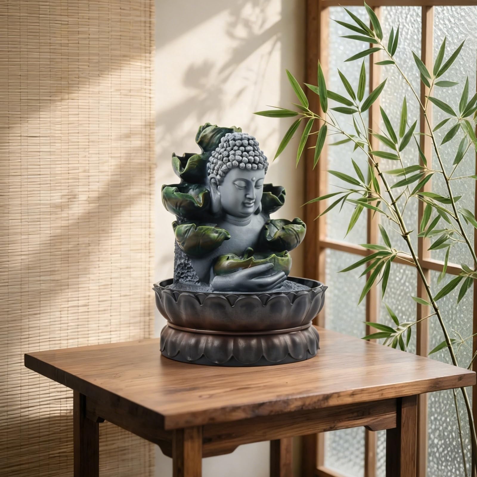 Fontaine d'intérieur avec éclairage RGB, fontaine de table Bouddha Fengshui, méditation, décoration intérieure relaxante pour beaucoup de chance, idéale comme cadeau