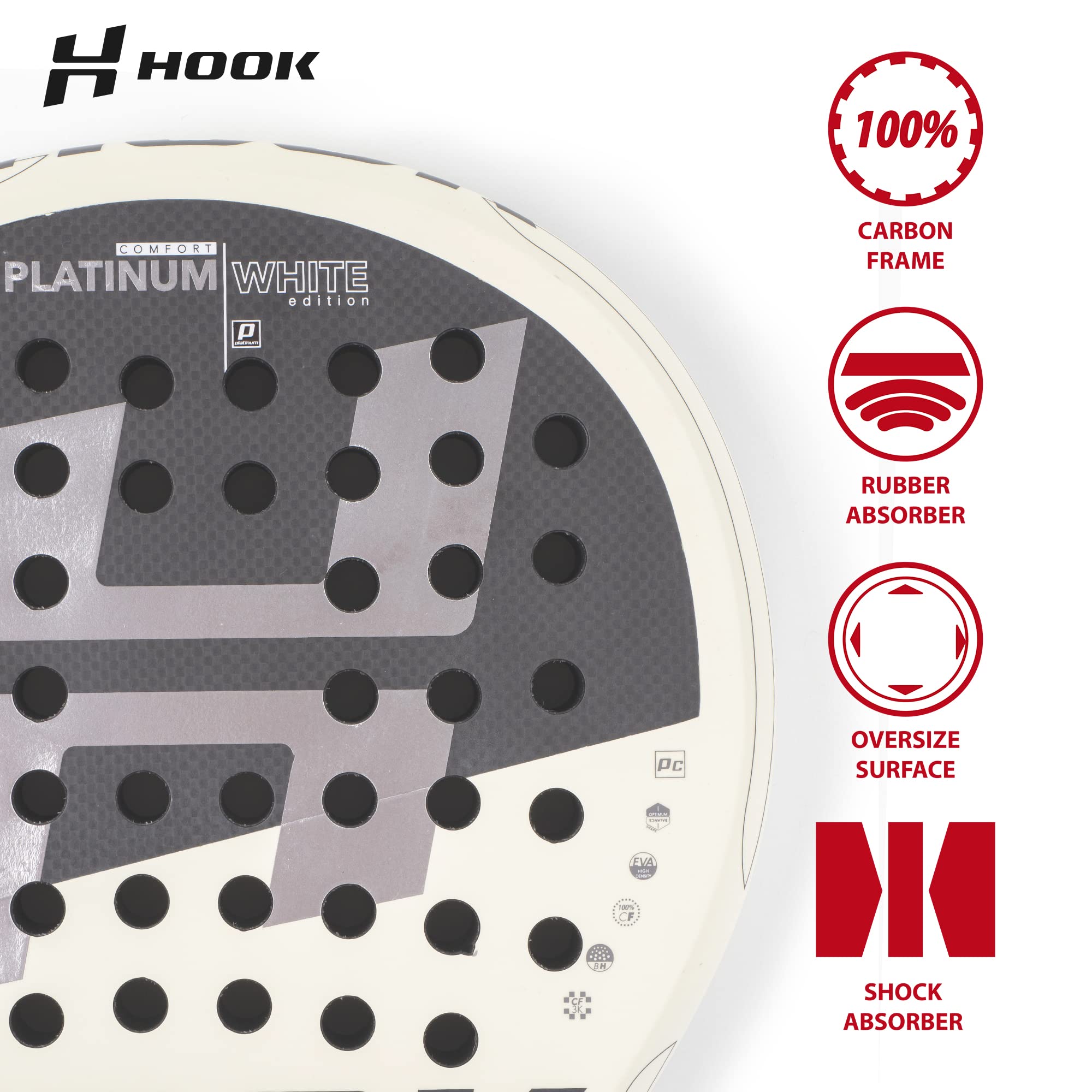 H Hook Comfort - Hook - Racchetta da Paddle Unisex - Platinum White Art - 355/375 g - 100% Carbonio - Controllo Esplosivo 100% - Eva - Bilanciamento Medio - Tocco Sabbia - Rotonda Unisex Adulto
