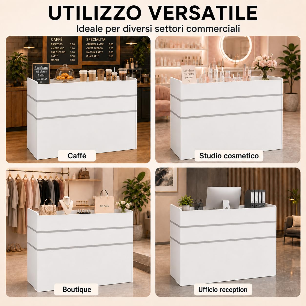 Banco reception, banco reception, tavolo con 3 cassetti e ripiani per sale aziendali, reception alberghiere, negozi di abbigliamento, bianco, 120 cmx 48 cm x 110 cm