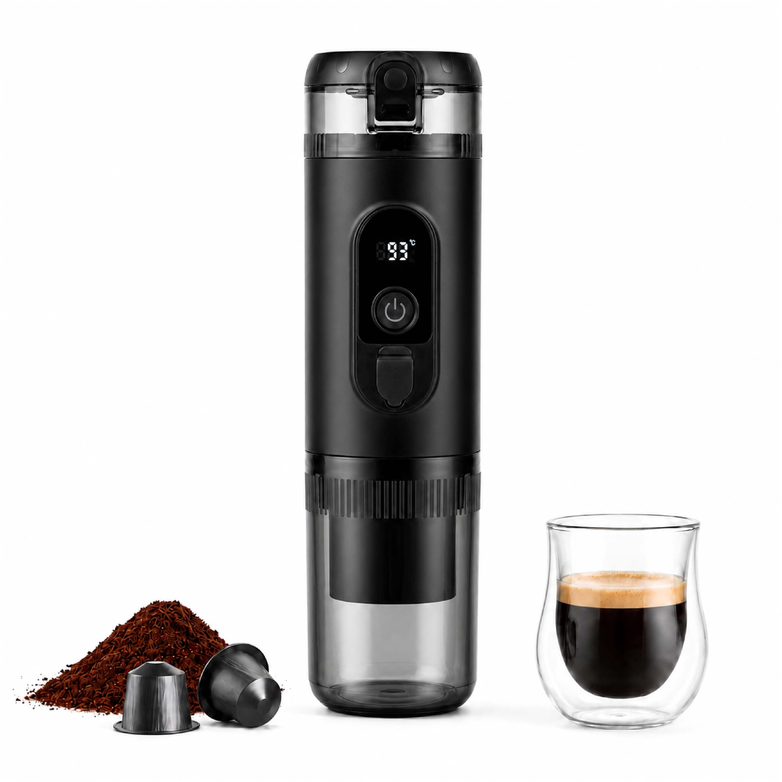 Tragbare Espressomaschine mit Akku, 2-in-1 Kaffeemaschine für unterwegs, Mini Auto Kaffeemaschine mit USB-C, kompatibel mit NS Kapseln & gemahlenem Kaffee