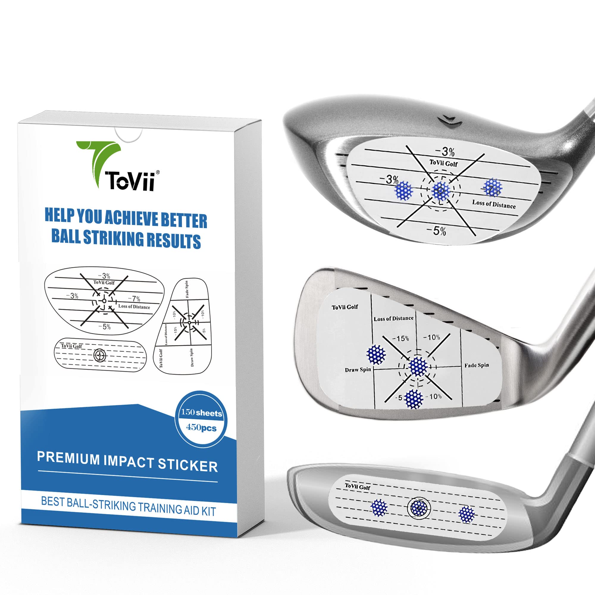 ToVii 450 Pcs Golf Impact Tape Set, Self-Teaching Sweet Spot and Shot Consistency Analysis,Each 150 Pcs Club Impact Stickers for Woods Irons and Putters, Useful Training Aid Improve Swing Accuracy