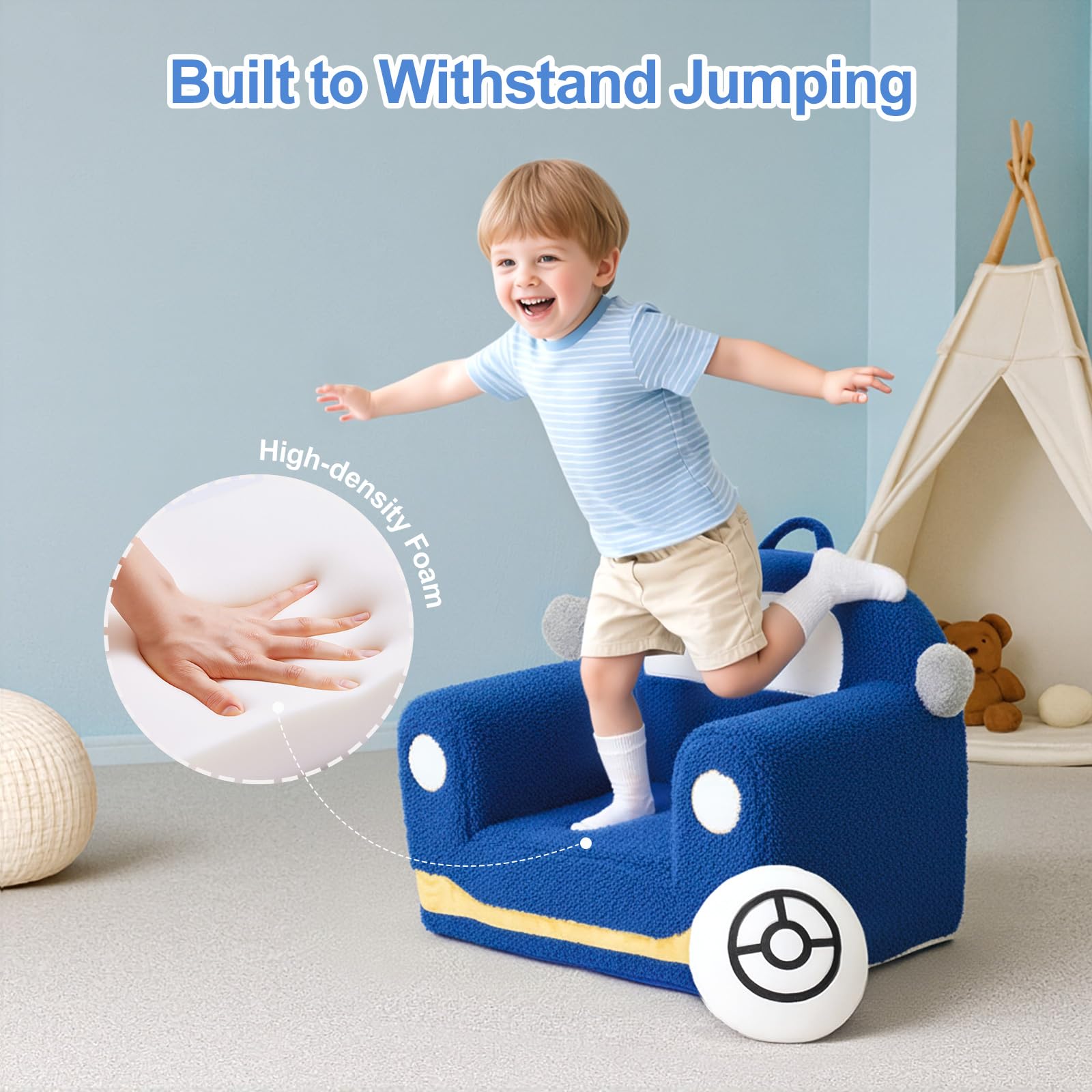 OUOZZZ Kindersofa Kindersessel ab 1 3 6 Jahre - Weich Sherpa Kindercouch mit Kissen, Mini Couch für Kinderzimmer Jungen und Mädchen, Auto Blau