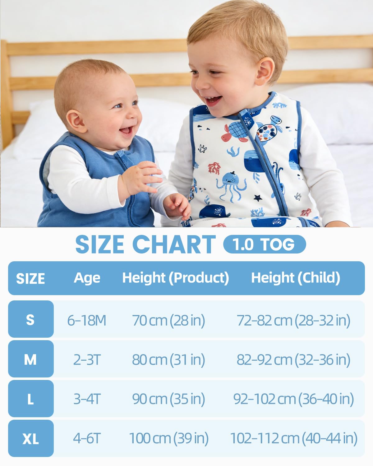 JiAmy Lot de 2 Gigoteuse à Pieds Bébé Coton 1.0 1.5 TOG Sac de Couchage Turbulette avec Jambes et Fermeture éclair Emmaillotage pour Nouveau-né Garçons Filles 6 Mois-6 Ans