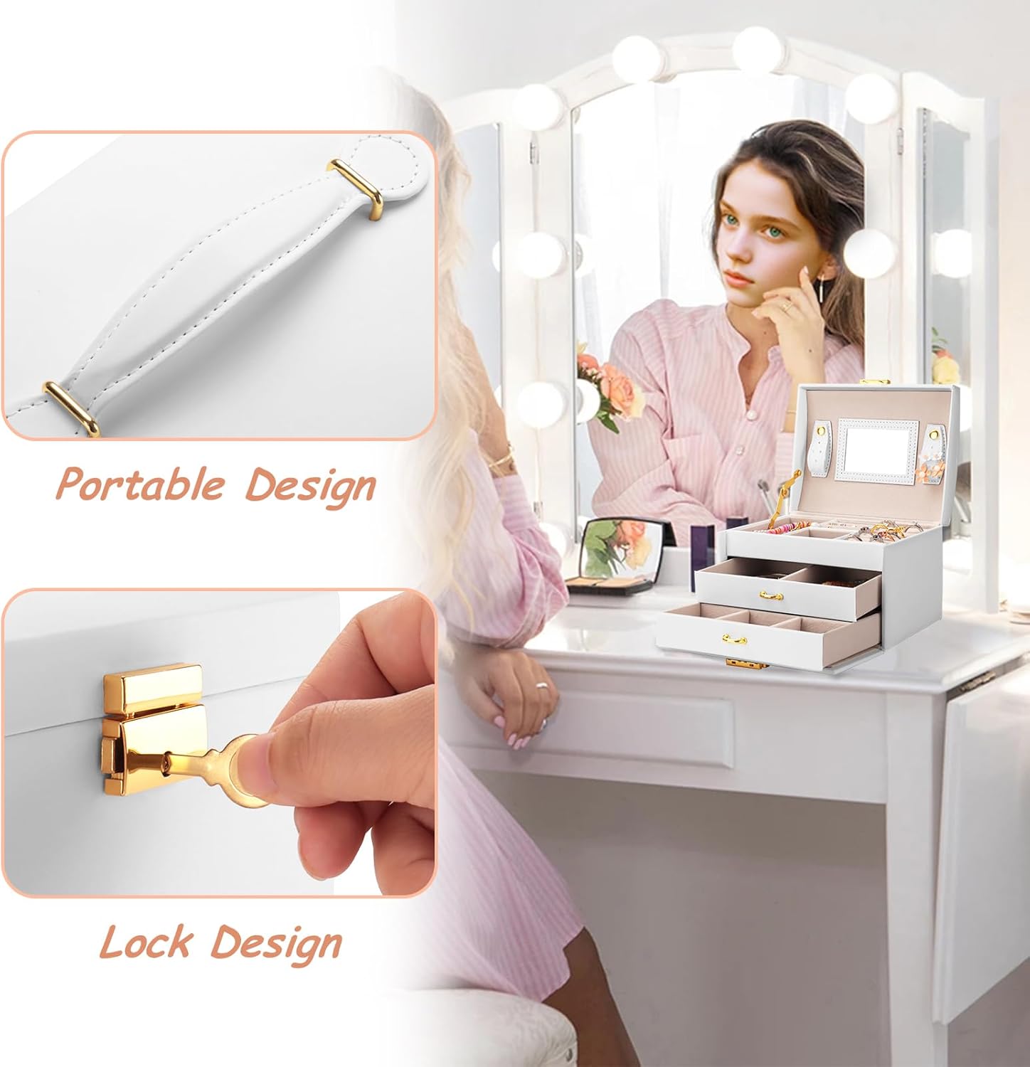 3 Layer Jewelry Box PU Leather Jewelry Organizer Box with Handle and Mirror 6.8x5.3x4.7Inches Compatible Rings Necklaces Bracelets Watch Earring Gift Idea for Girl