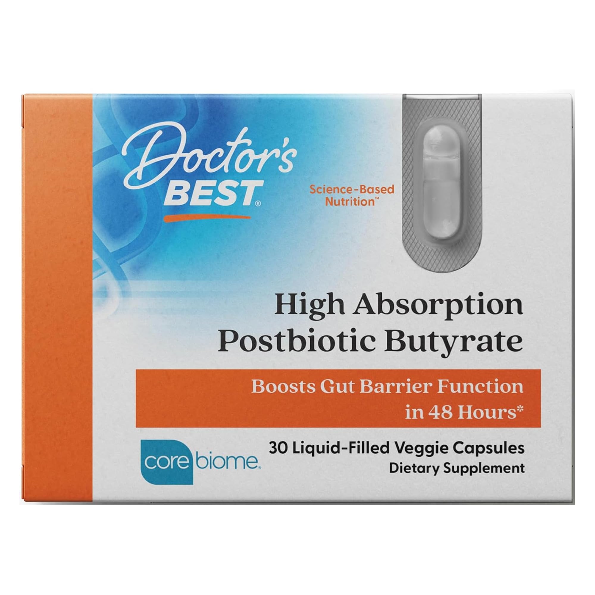 Doctor's BEST Postbiotic Butyrate Gut Health, Vegan, 30 Liquid Veggie Caps Unflavored 30 Count (Pack of 1)