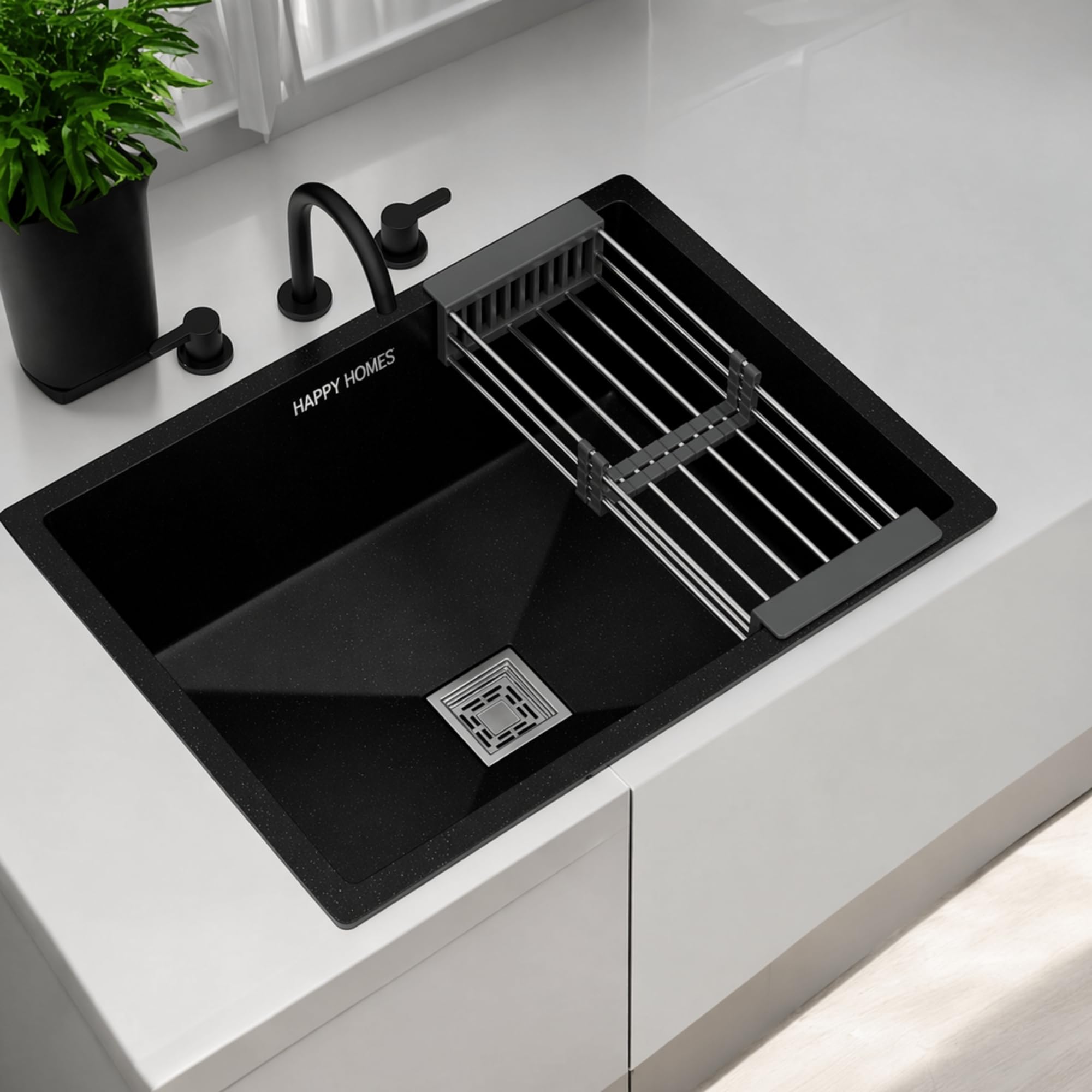 Happy Homes Quartz Sink For Kitchen 24x18x9 INCH – Smoky Black Granite Kitchen Sink With Waste coupling & PVC Pipe | Smooth Finish, UV Protected, Top & Under Mount| 10 Years warranty-image-28