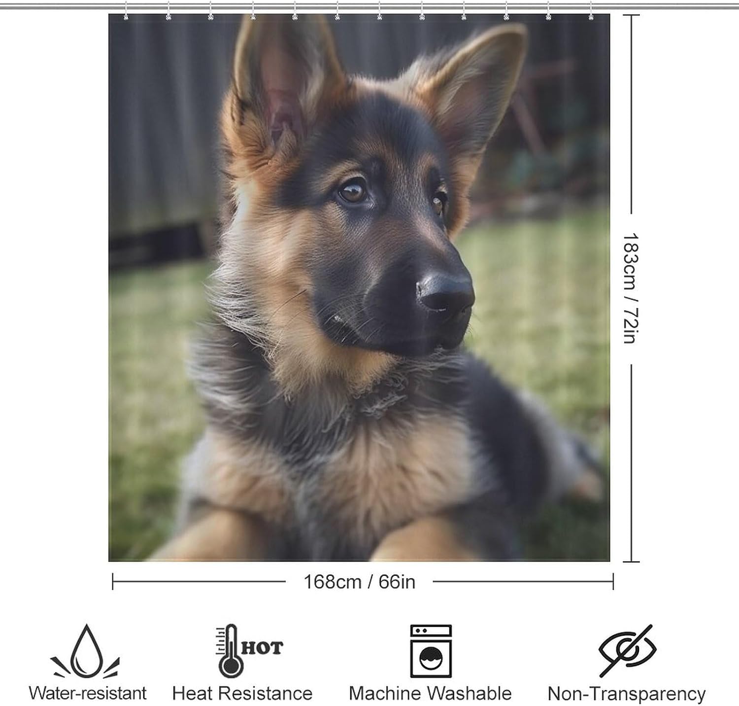 Shower Curtains Liner, German Shepherd Puppy Printed Waterproof Fabric Shower Curtain Liner Bath Curtain with Rust Proof Grommets 72x72 Inches