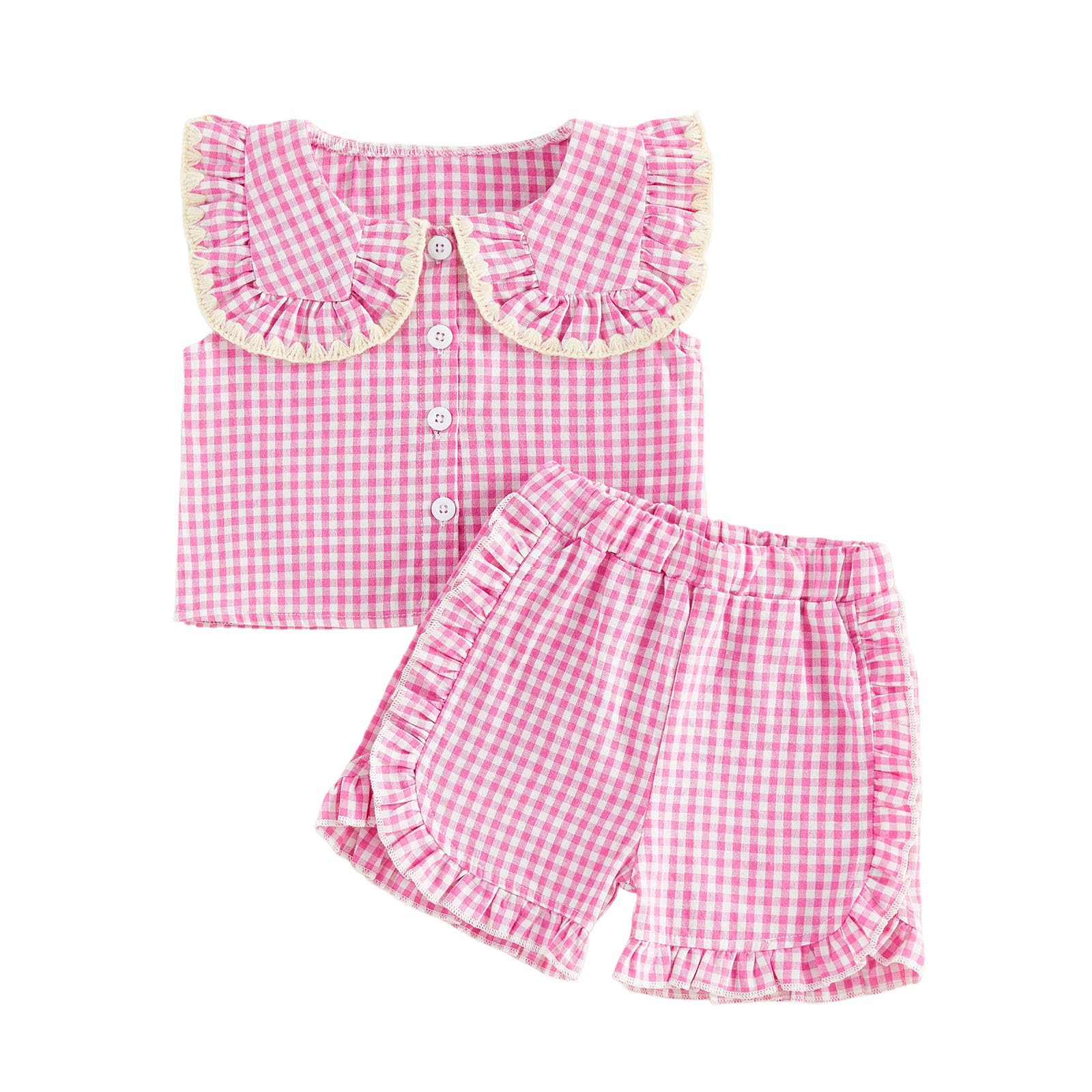 Toddler Baby Girl Summer Clothes Infant Girl Plaid Outfit Strawberry Ruffle Gingham Shirts Dress Tank Top Shorts Set — view 12