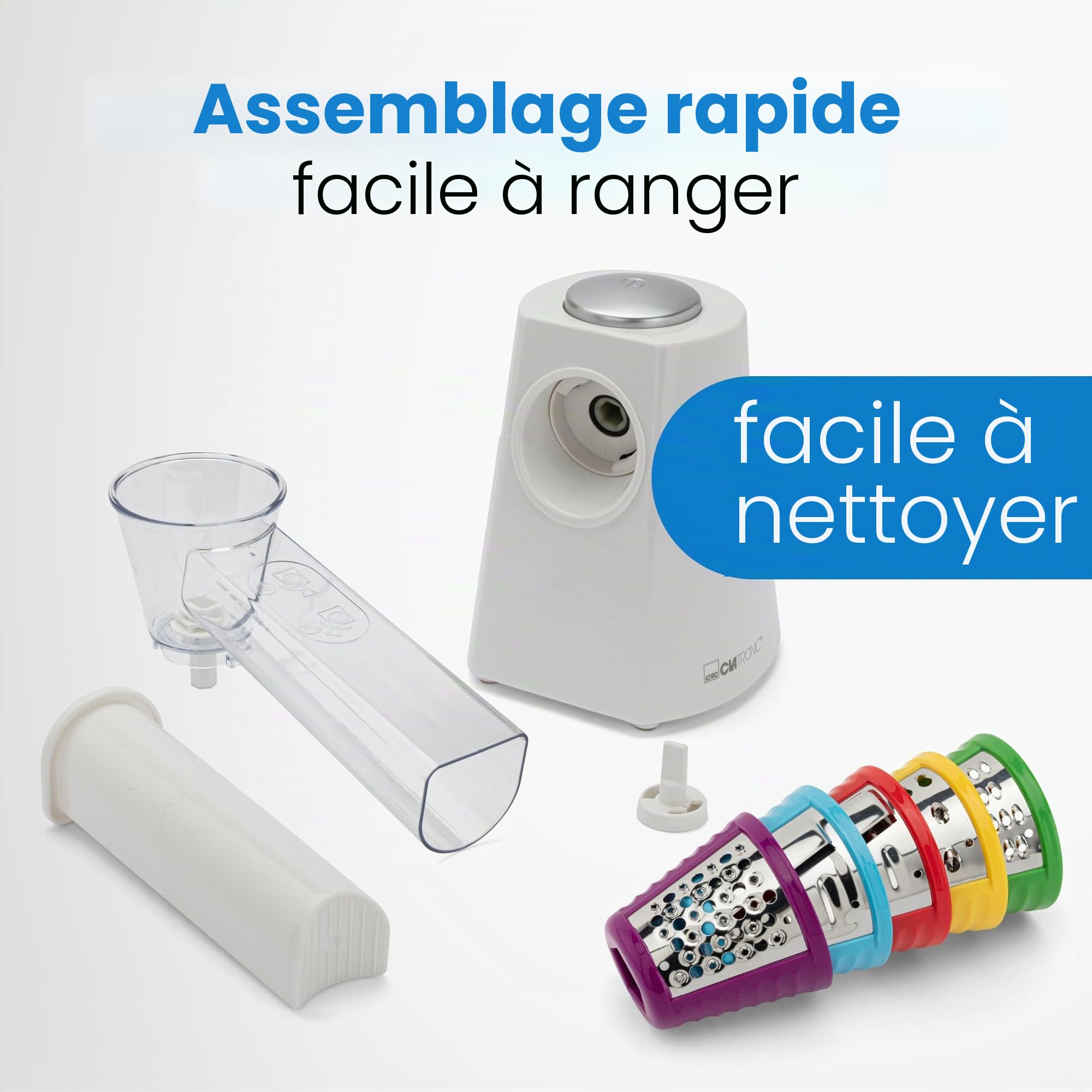 Clatronic ME 3604, Multi-Express, pour couper, râper et émincer | Éminceur électrique | Coupe-légumes | Râpe à légumes | 5 ustensiles y compris râpes | Grande ouverture de remplissage | 200W | Blanc