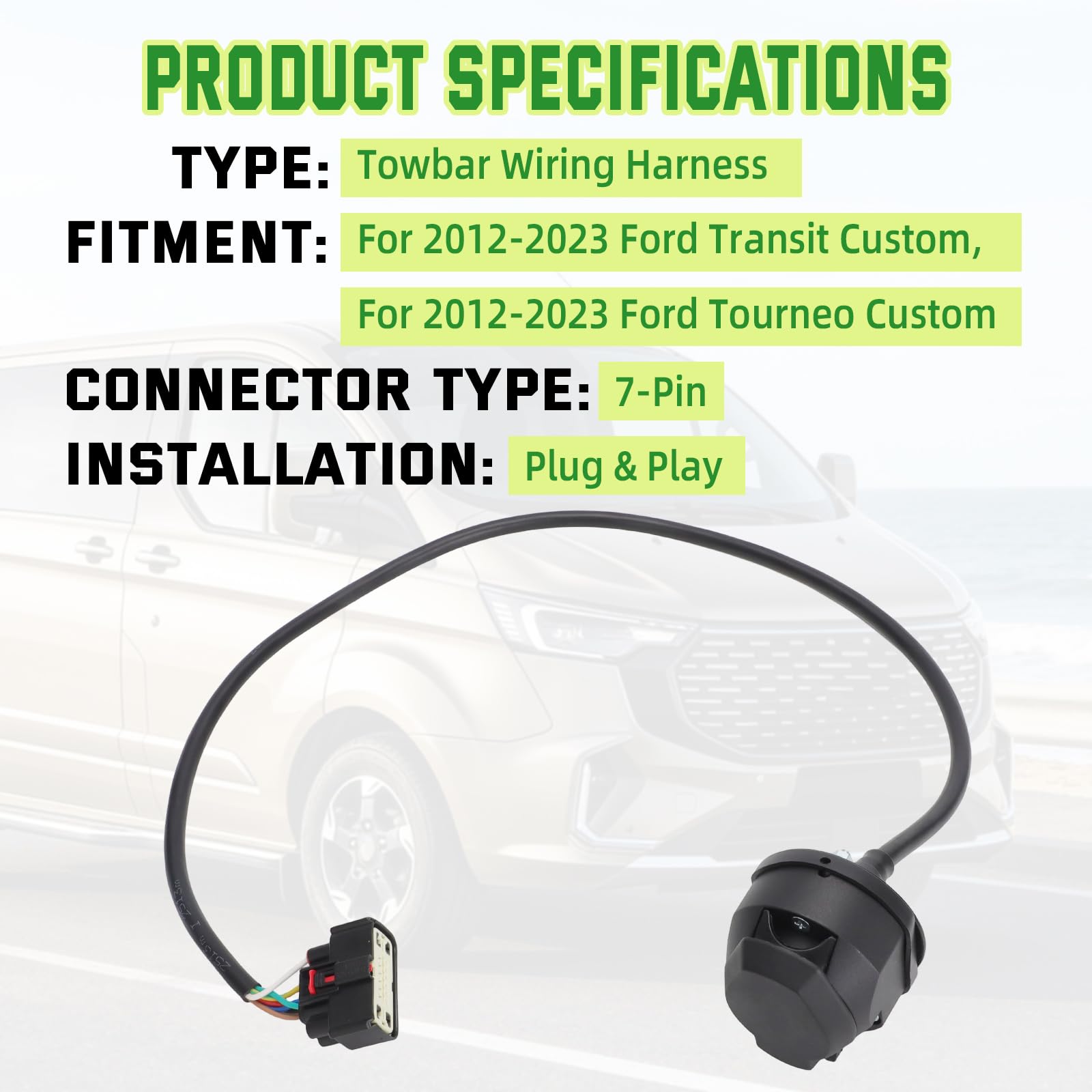 Faisceau de câblage d'attelage à 7 broches pour Ford Transit Mk8 Tourneo Custom 2012-2023 - Kit de connecteur Plug and Play pour feux de remorque