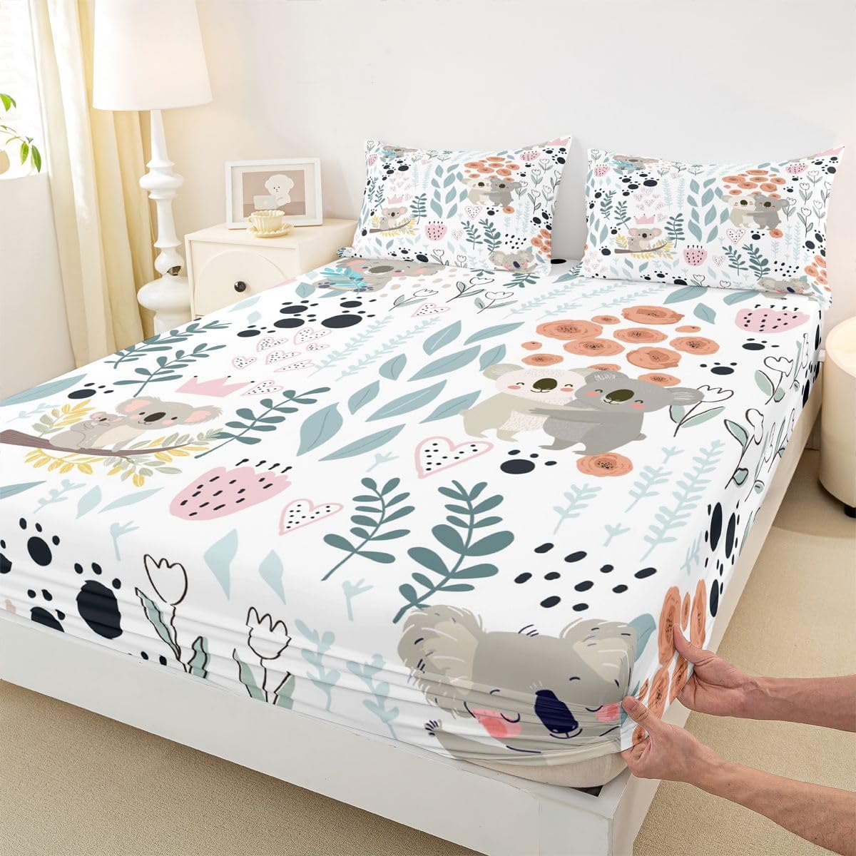 Erosebridal Kawaii Koala Fitted Sheet,Cartoon Koala Bedding Set Full,Cute Love Heart Leaves Flowers Bed Sheets for Kids Girls Boys,Paw Print Animal Bed Cover with 2 Pillow Cases
