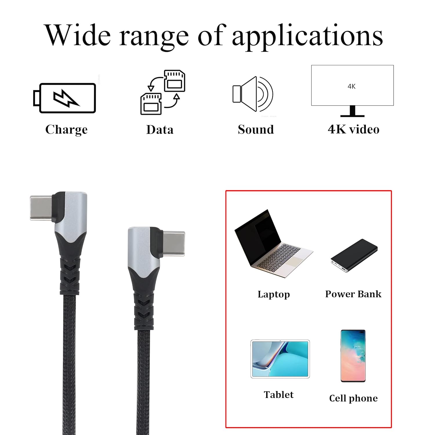 Type C Cable 3.1A USB C Charger Fast Charging USB C Cable Nickel Plated 90° Right Angle Nylon Braided USBC Cable Compatible Other USB C Devices (Black 2Pack) [3.3FT and 1.3FT] - Image 4