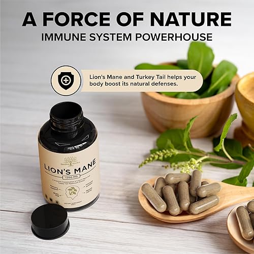 Miniatura 5 de Cápsulas de suplemento de melena de leones con cola de pavo  Niebla cerebral nootrópica, enfoque, memoria, función nerviosa y suplemento de apoyo