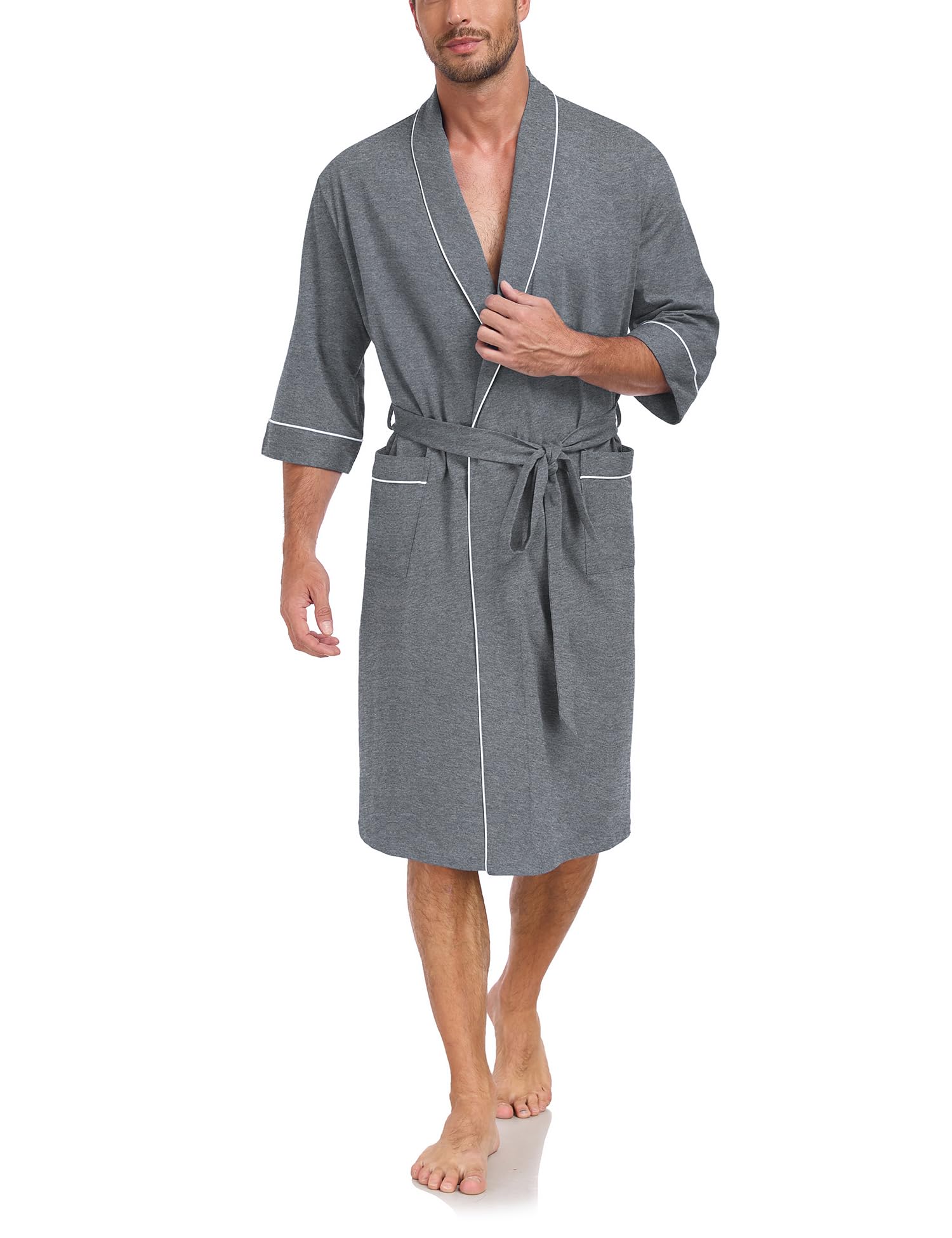 EA'S SECRET 100% Cotton Men's Lightweight Robe Summer Short Sleeve Bathrobe Soft Knee Length Robe with Pockets
