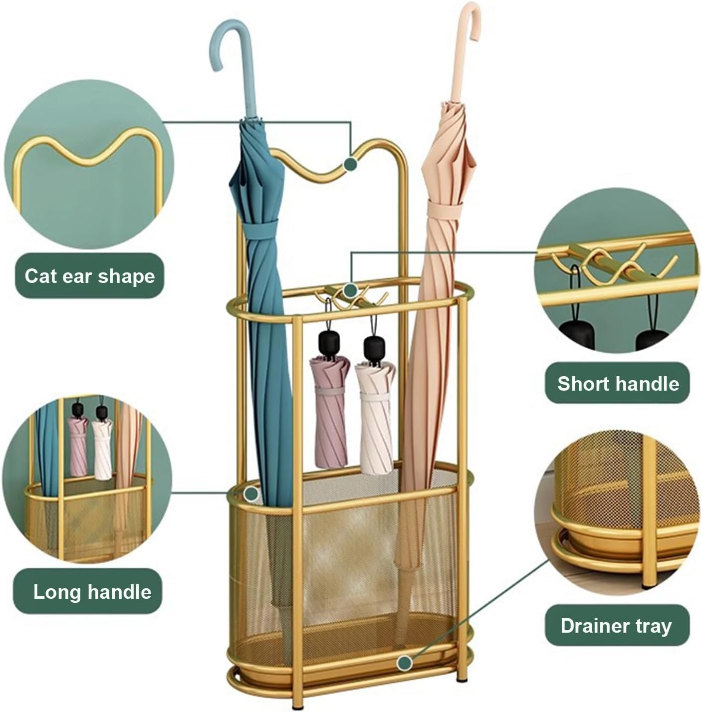 with Hooks and Drip Tray, Freestanding Rack Organizer for Entrance Home Office Patio Decoration - Space-Saving Gold Design, 30x15x60 Cm
