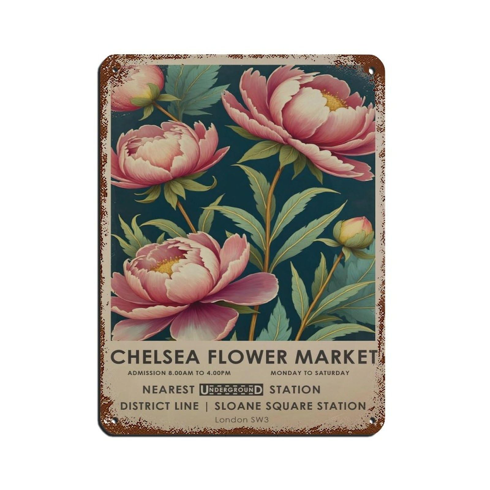 Chelsea Flower Market, Peony Botanical, Gift Retro Poster Metal Tin Sign Chic Art Retro Iron Painting Bar People Cave Cafe Family Garage Poster Wall Decoration 12x16inch(30x40cm)