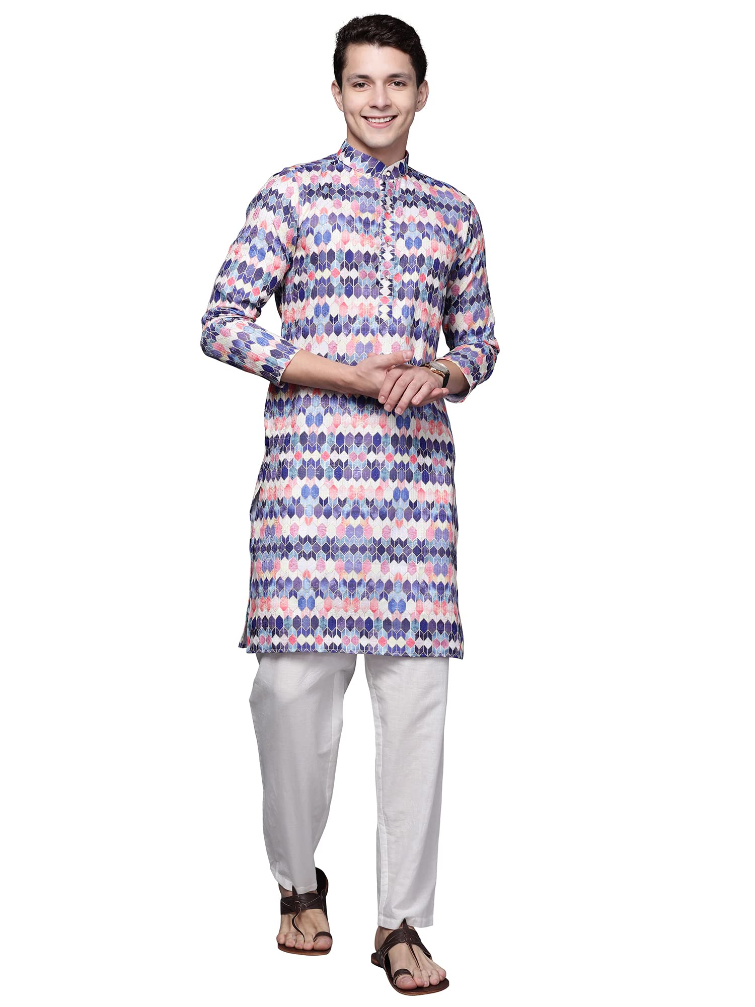 Indo Era Men's Cotton Printed Festive Straight Long Kurta (MKT0BL1220_Blue_Ready to Wear_S to 2XL-Size) in blue