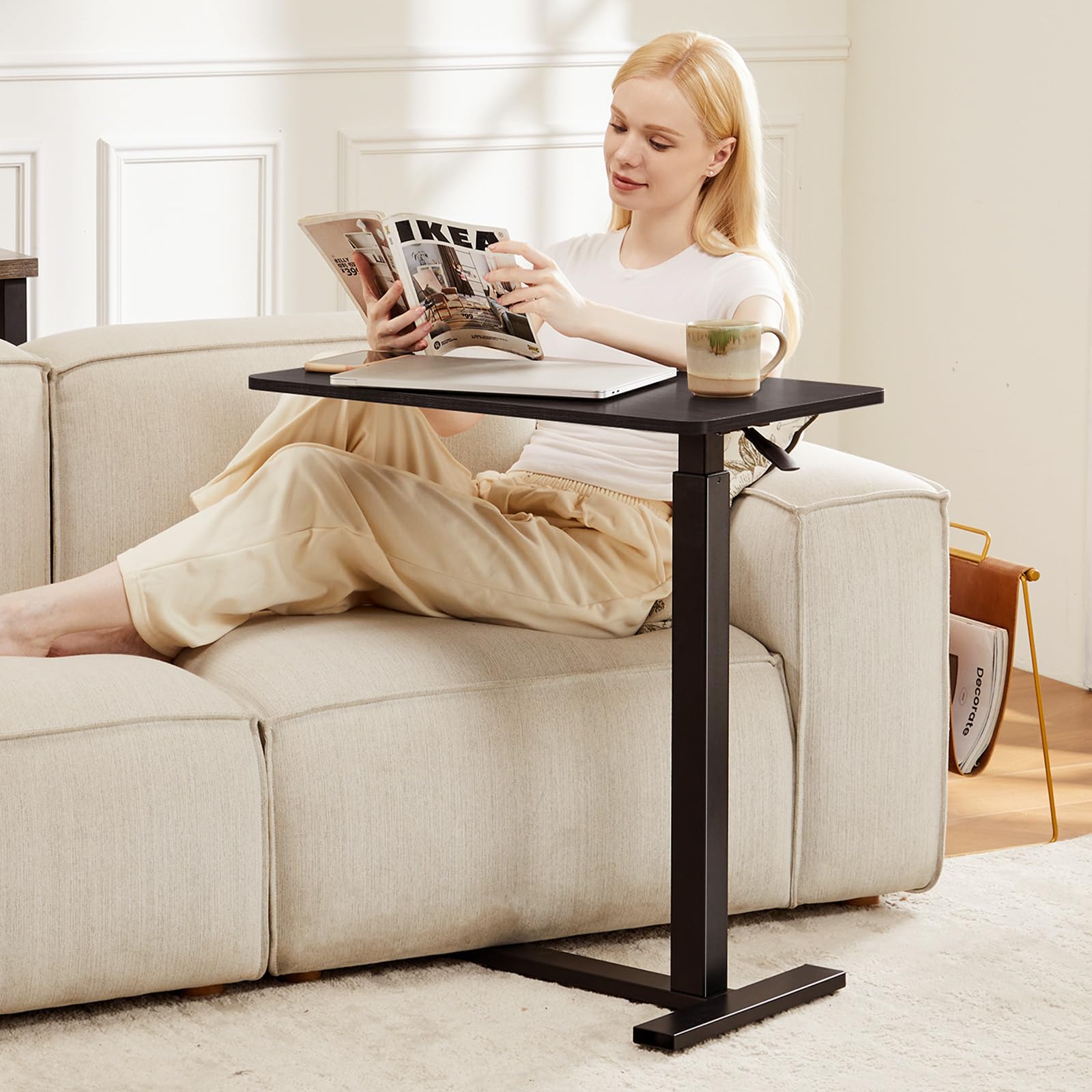 Sweetcrispy Overbed Bedside Table with Wheels, Adjustable Hospital & Home Use Bed Table, Rolling Laptop Table, Mobile Standing Desk, Black