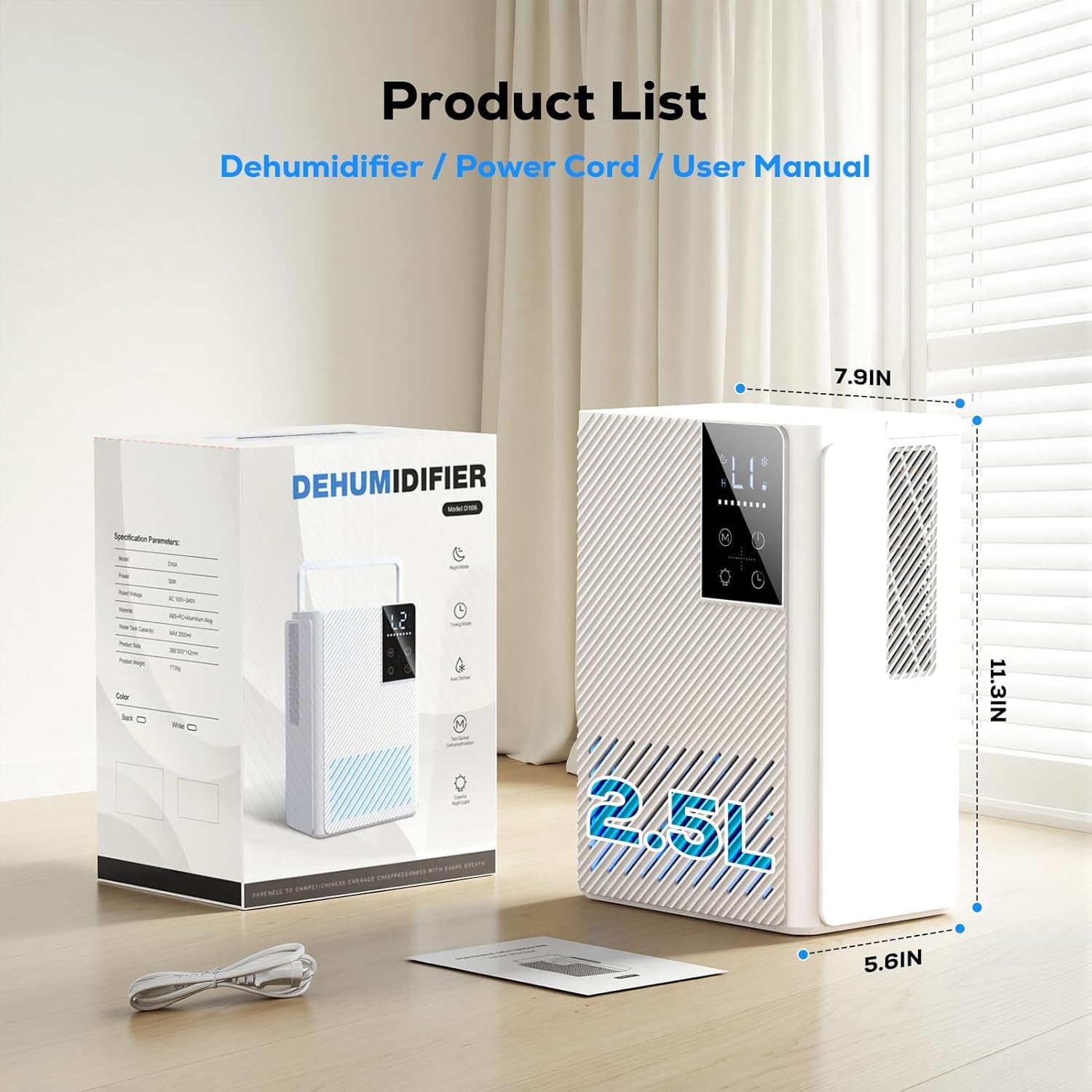 Deshumidificateur d Air 2500ML, Déshumidificateurs Electrique Silencieux Econome en Energie, Anti Moisissure, Auto-Arrêt & Dégivrage, Minuterie, LED 7 Couleurs, Idéal pour Chambre/Salle de Bains