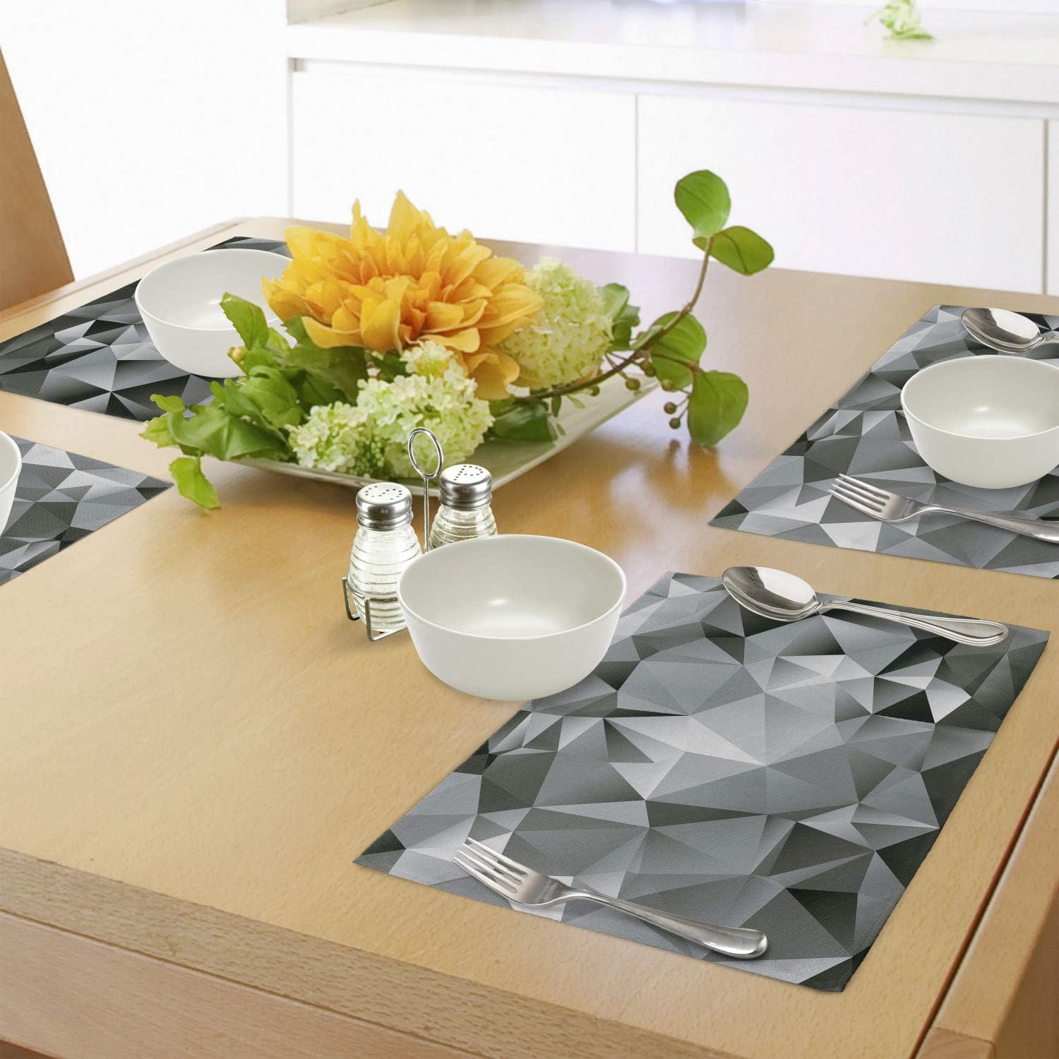 Lunarable Abstract Place Mats Set of 4, Fractal Monochrome Composition Triangles Polygonal Effect Contemporary Futuristic, Washable Fabric Placemats for Dining Table, Standard Size, Grey Black