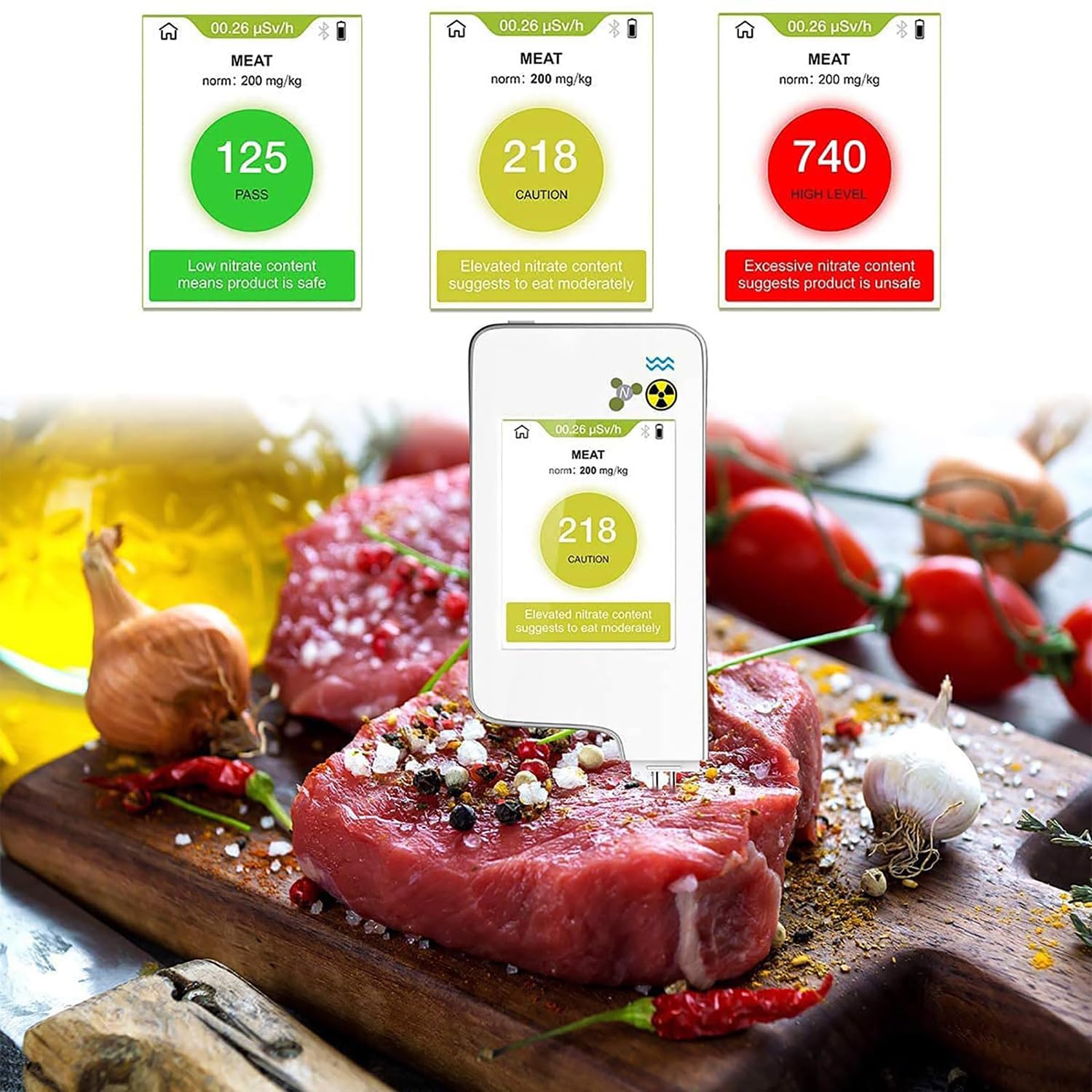 Testeur de nitrate alimentaire, détecteur numérique de résidus de pesticides, haute précision avec minuterie, affichage 3 couleurs pour légumes, fruits, viandes, poissons, eau et radiations
