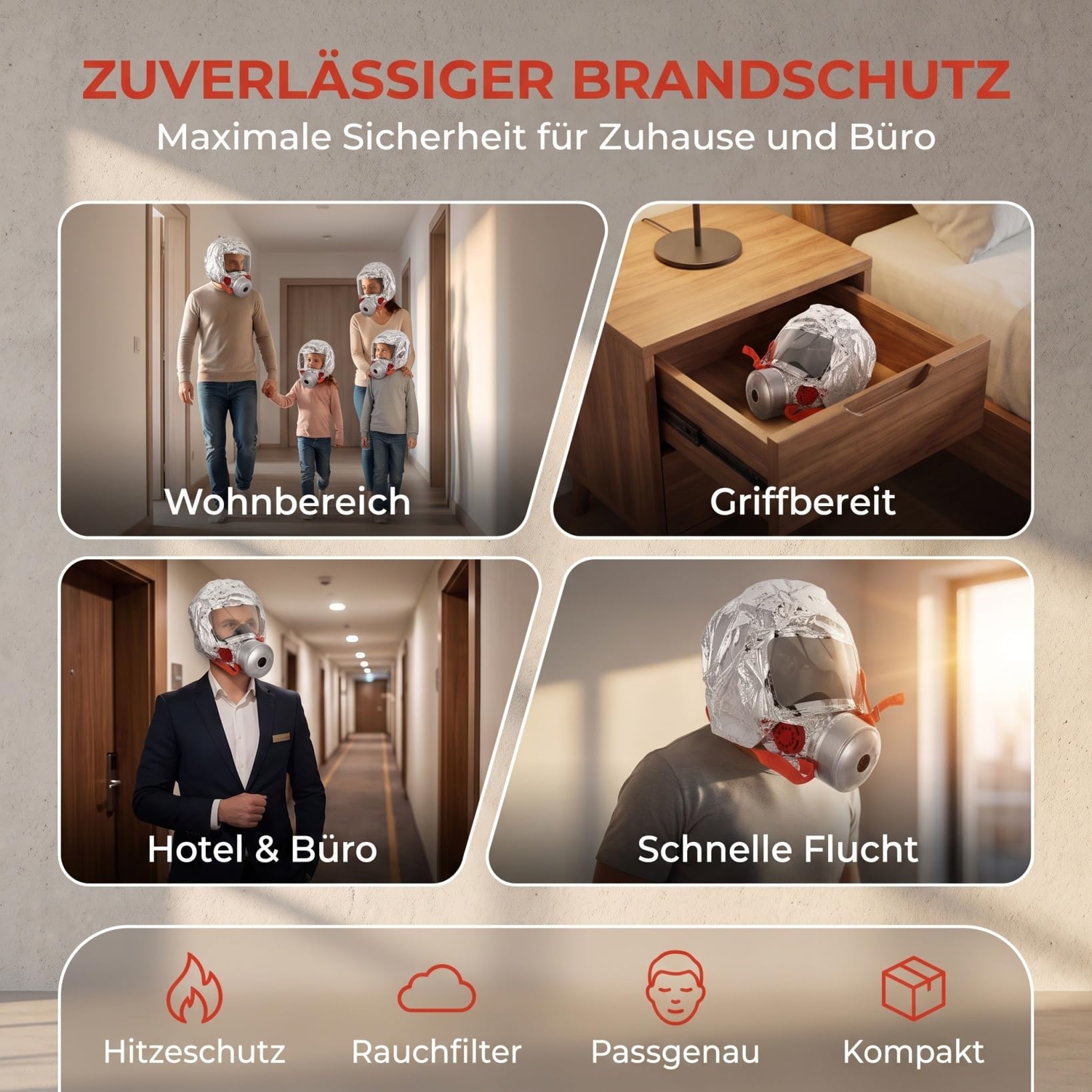 Lurrose Notfall-Feuerfluchtmaske, Rauchschutzhaube mit Hochleistungsfilter, hitzebeständige Kopfbedeckung für die Brandschutz-Evakuierung in Haus, Hotel und Büro