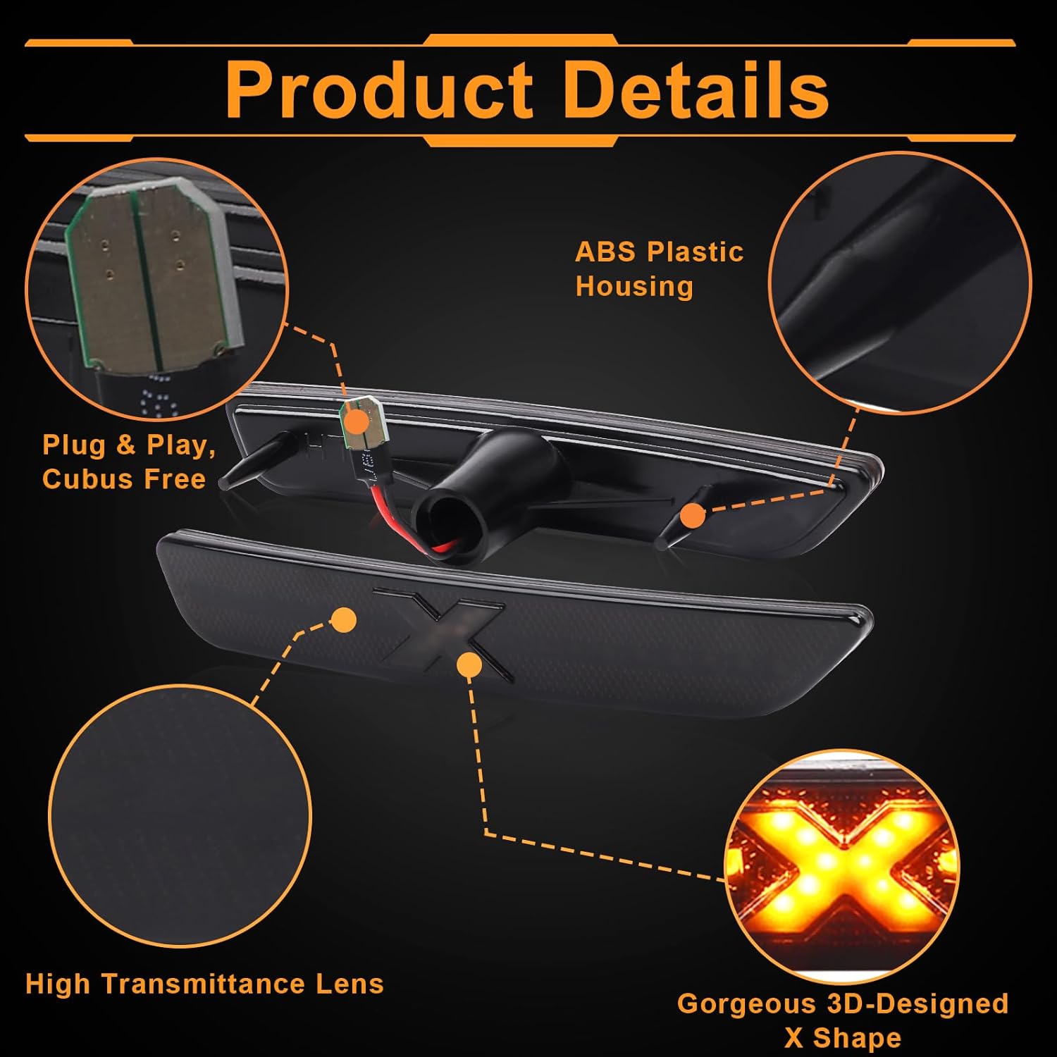 LED Smoked Lens Side Marker Lights for Ford Mustang 2010-2014, Front & Rear Fender Side Marker Reflectors Lights w/XStyle Light Beam [Patent Pending], Side Bumper Lights, 4PCS