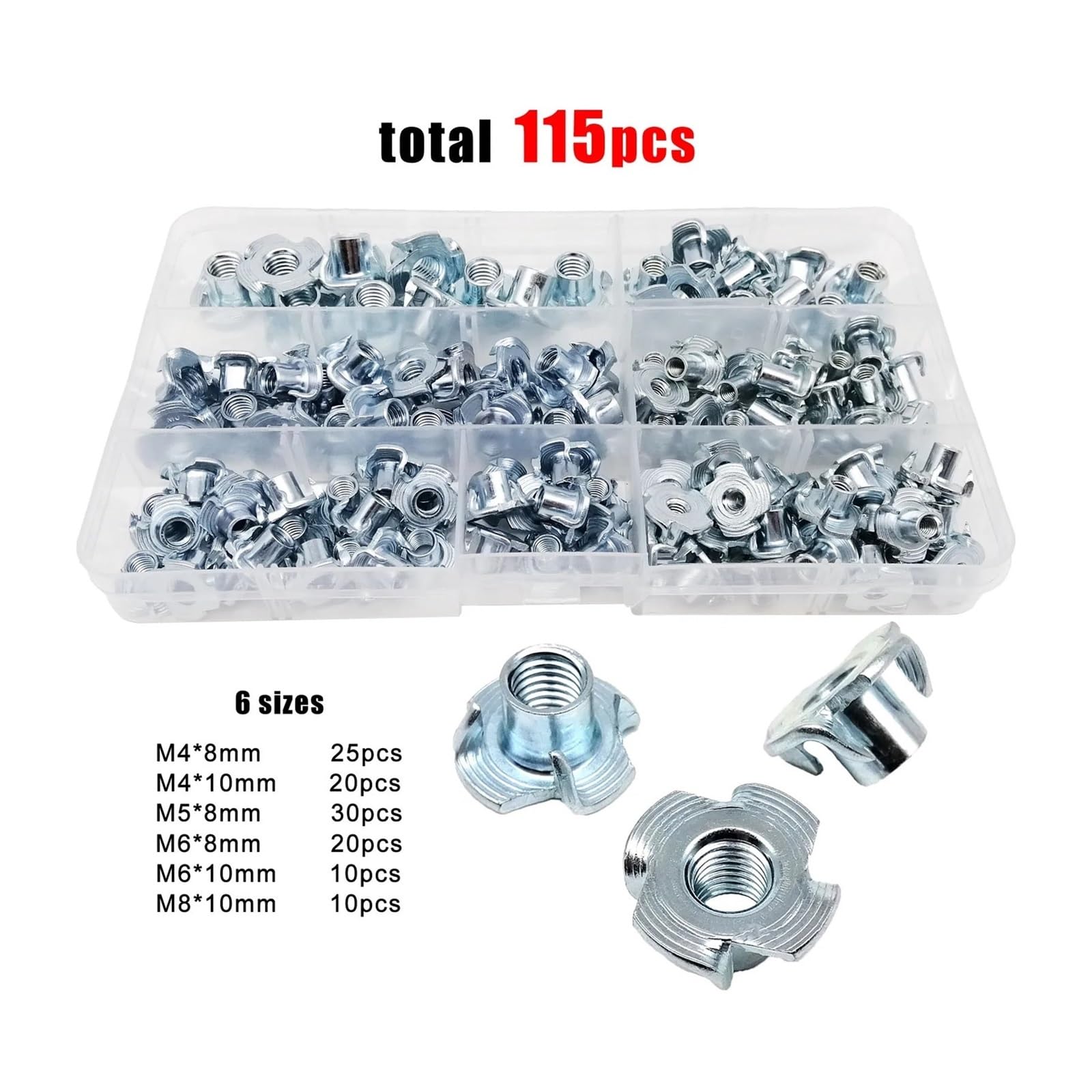 1 Box 115 Stück M4 M5 M6 M8 verdickter Stahl mit vier Krallen, Lautsprechermutter, blinder Zackeneinsatz, T-Mutter, Holzmöbel-Sortiment-Set
