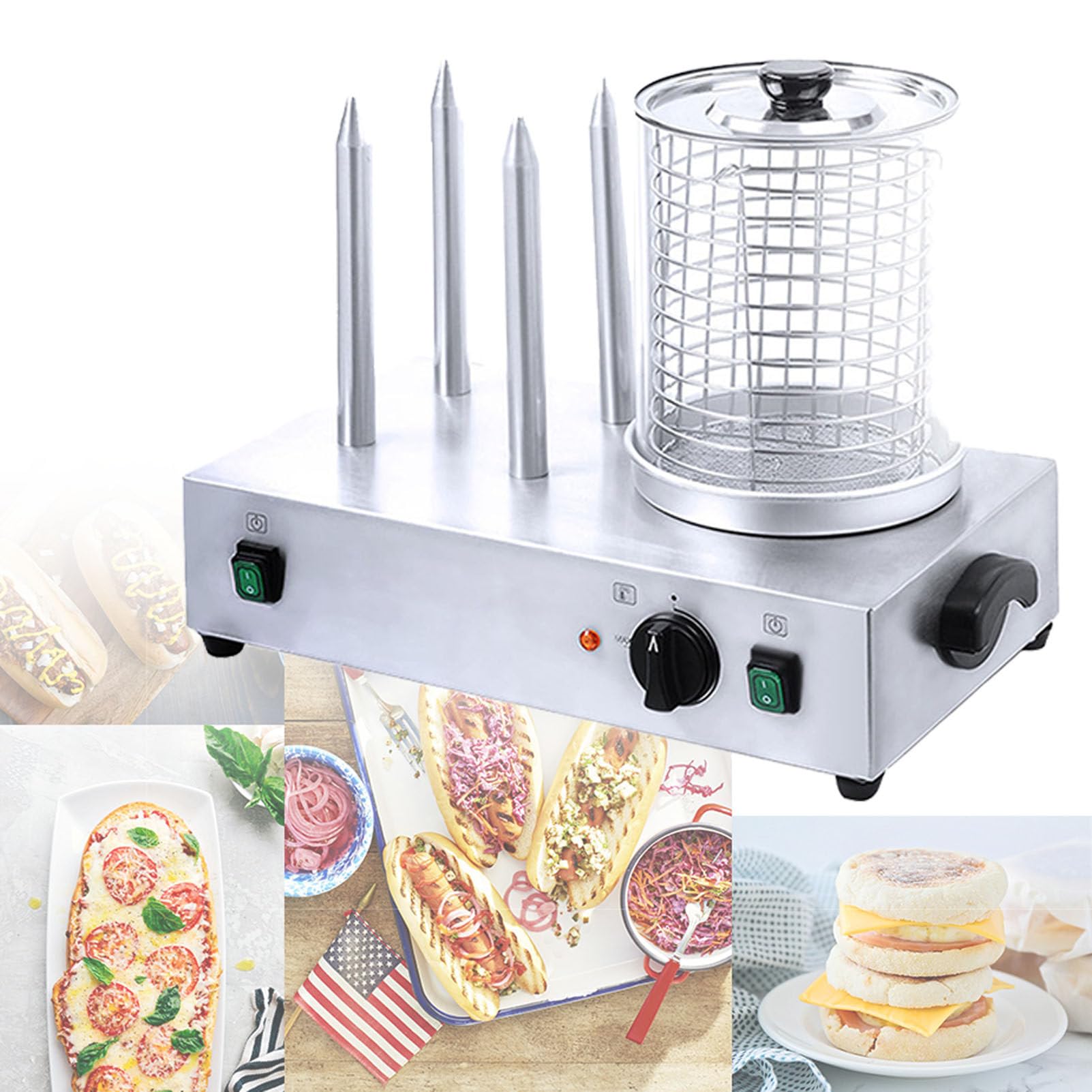 Máquina de Perros Calientes, Calentador de moño eléctrico, Vapor de Hot Dogs de Acero Inoxidable Comercial, Hot Dogs Parrilla tostadora de Salchichas para el Horno con Temperatura Ajustable