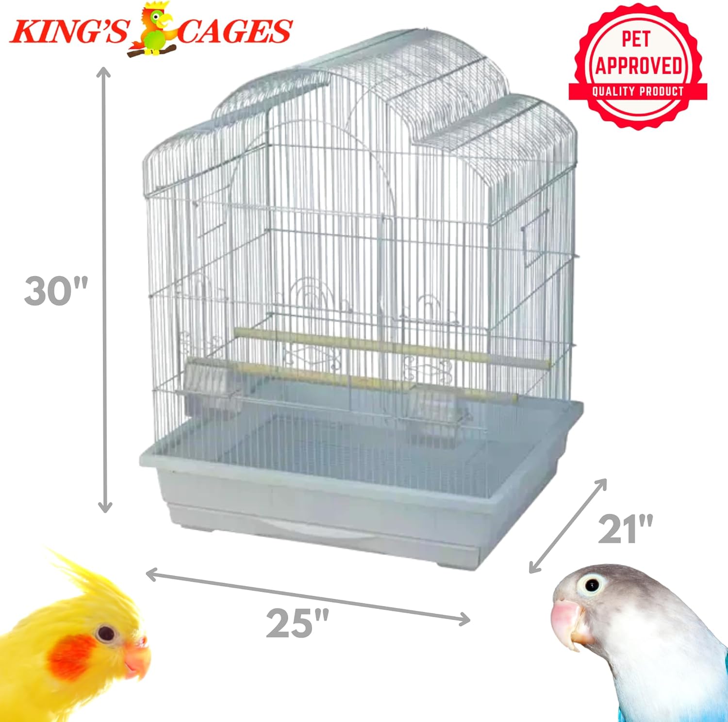 Kings Cages Model ES 2521 T Triple Top Bird Cage 25" x 21" x 30" Powder-Coated Non-Toxic Spacious Cage for Cockatiels Finches Parakeets Canaries and Similar Breeds (White)