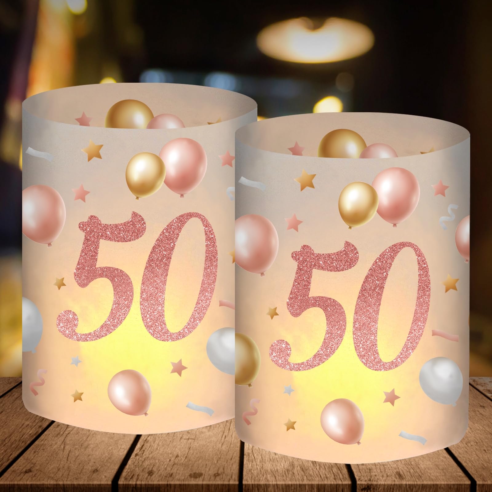 12 Windlicht Tischdeko, Deko 50 Geburtstag Frau, Geburtstagsdeko 50 Jahre Frau, 50er Geburtstag Happy Birthday Tischdeko Rosegold, Geeignet für Teelichter oder Kerzen