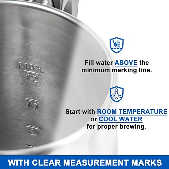 Electric coffee maker, 12-cup capacity, stainless steel construction, automatic heating with boil-dry protection, heat-resistant handle design, 360 swivel base, transparent brewing indicator.