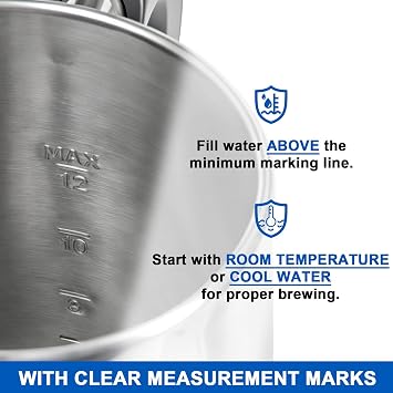 Electric coffee maker, 12-cup capacity, stainless steel construction, automatic heating with boil-dry protection, heat-resistant handle design, 360 swivel base, transparent brewing indicator.