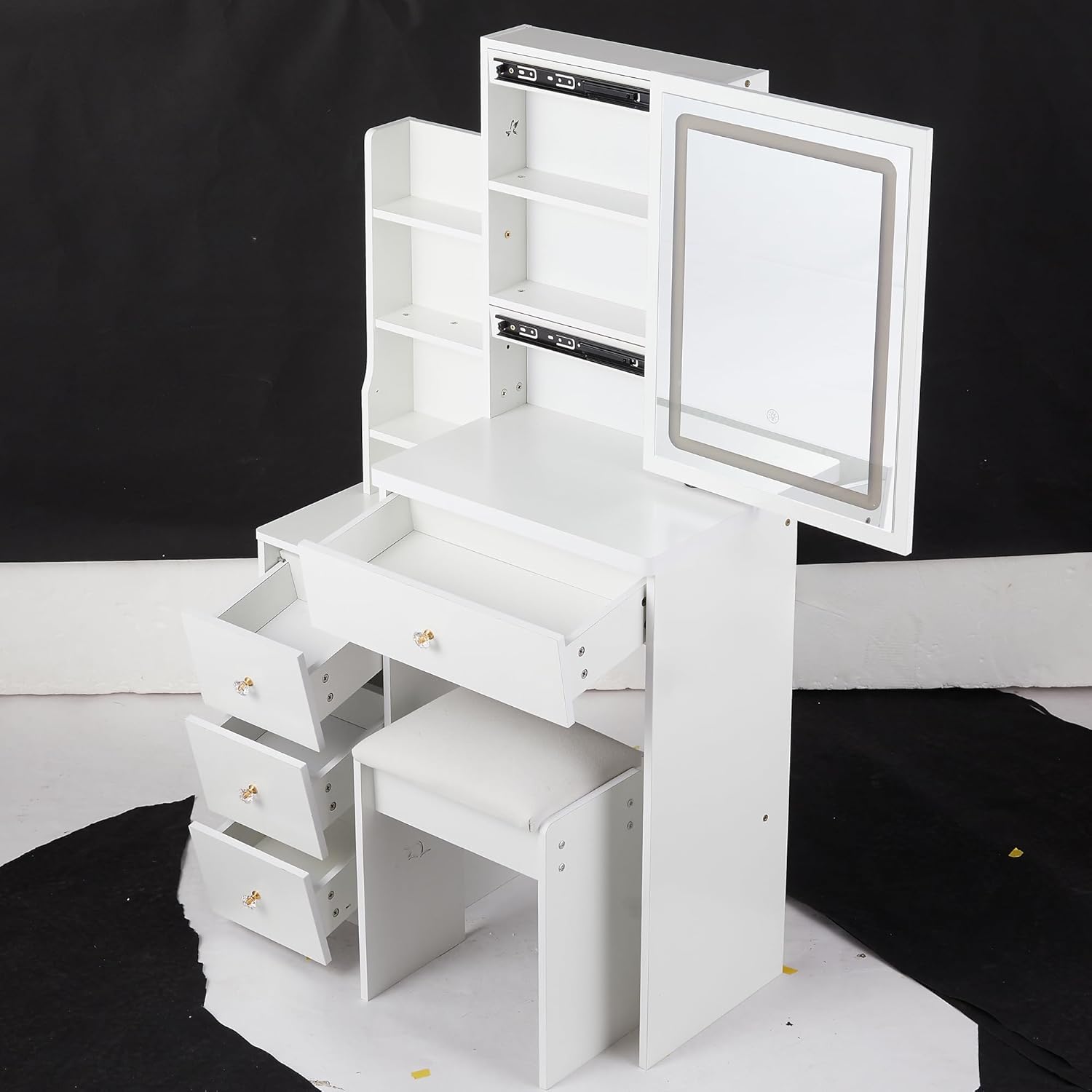 Maximize Space with Small Bedside Cabinet Vanity Table Set, Adjustable LED Mirror 3 Color Options, White