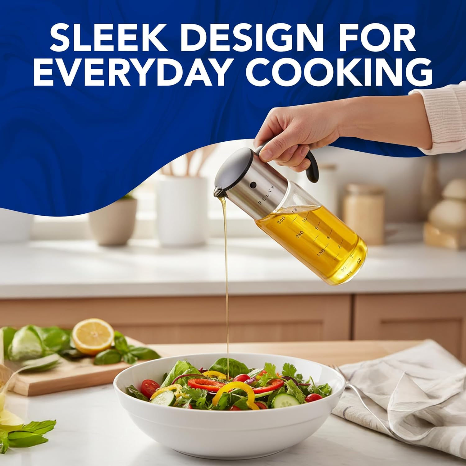 Large Olive Oil Dispenser Bottle, 17oz Glass Oil Dispenser for Kitchen with Drip-Free Stainless Steel Spout, Leak-Proof, with Measurement Markings for Cooking, Vinegar, & Soy Sauce - Dishwasher Safe - Image 2