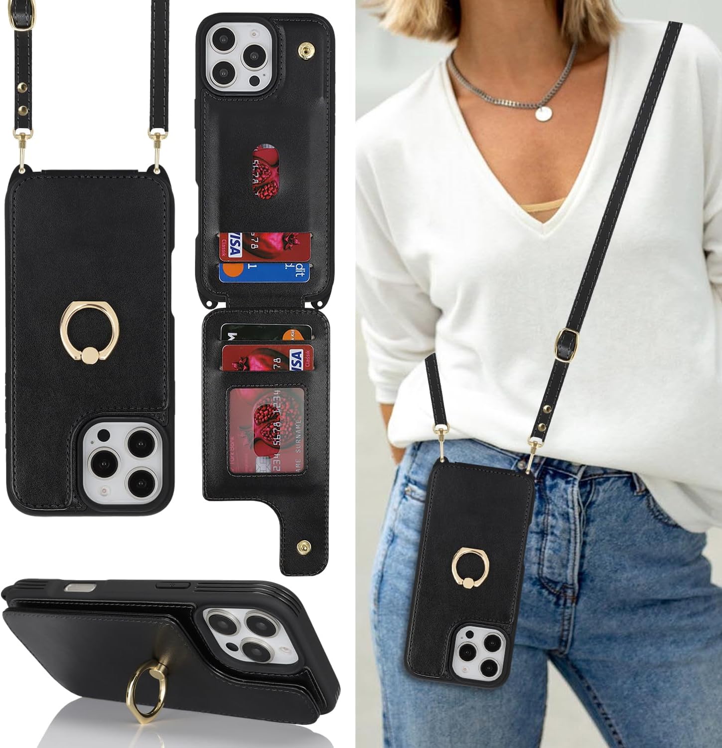 Lipvina for iPhone 16 Pro Max Case with Card Holder and Strap for Women,Crossbody Lanyard,Ring Stand,Snap Clasp,Cute Phone Wallet Cases 6.9 inch(Black)