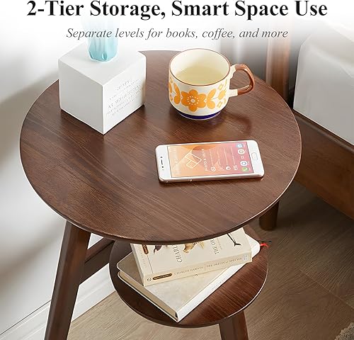 Miniatura 5 de Mesa auxiliar, mesas auxiliares redondas de 2 niveles para sala de estar, mesa auxiliar moderna de mediados de siglo, mesita de noche redonda, mesa