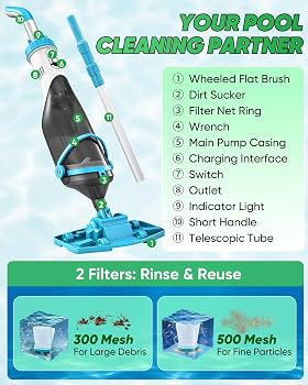 Max Power: Aspiradora De Mano Inalámbrica Para Piscina, Recargable, Con Poste Telescópico (66-141 Cm), Ideal Para Piscinas Enterradas O Sobre Suelo, Spa Y Jacuzzi, Flujo De 18.5 GPM Y 80 Min De Autonomía